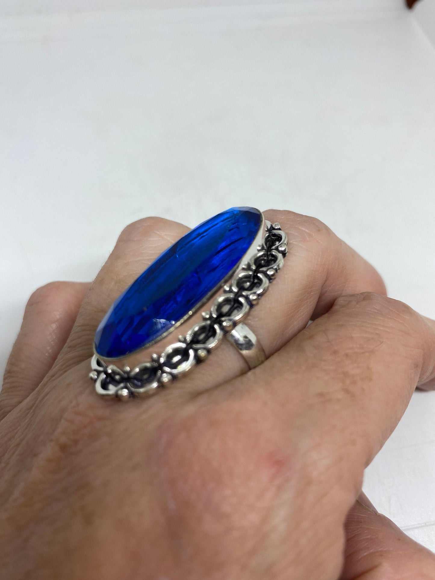 Vintage Aqua Vintage Art Glass Cocktail Ring Size 8.5