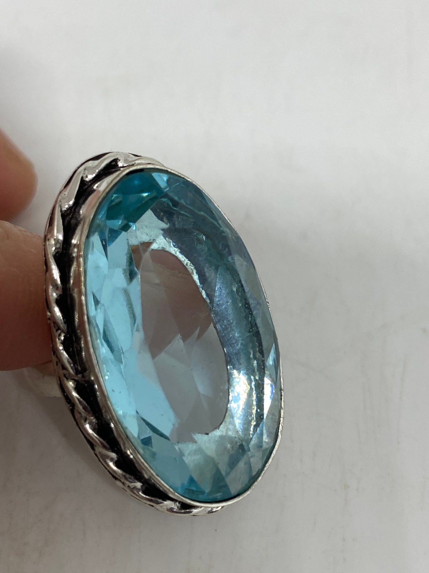 Vintage Aqua Vintage Art Glass Cocktail Ring Size 6