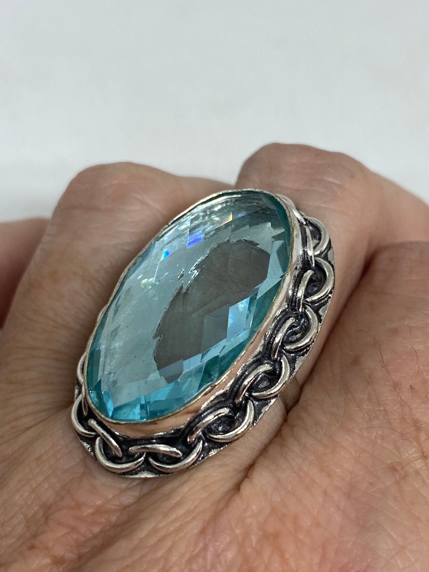 Vintage Aqua Vintage Art Glass Cocktail Ring Size 7