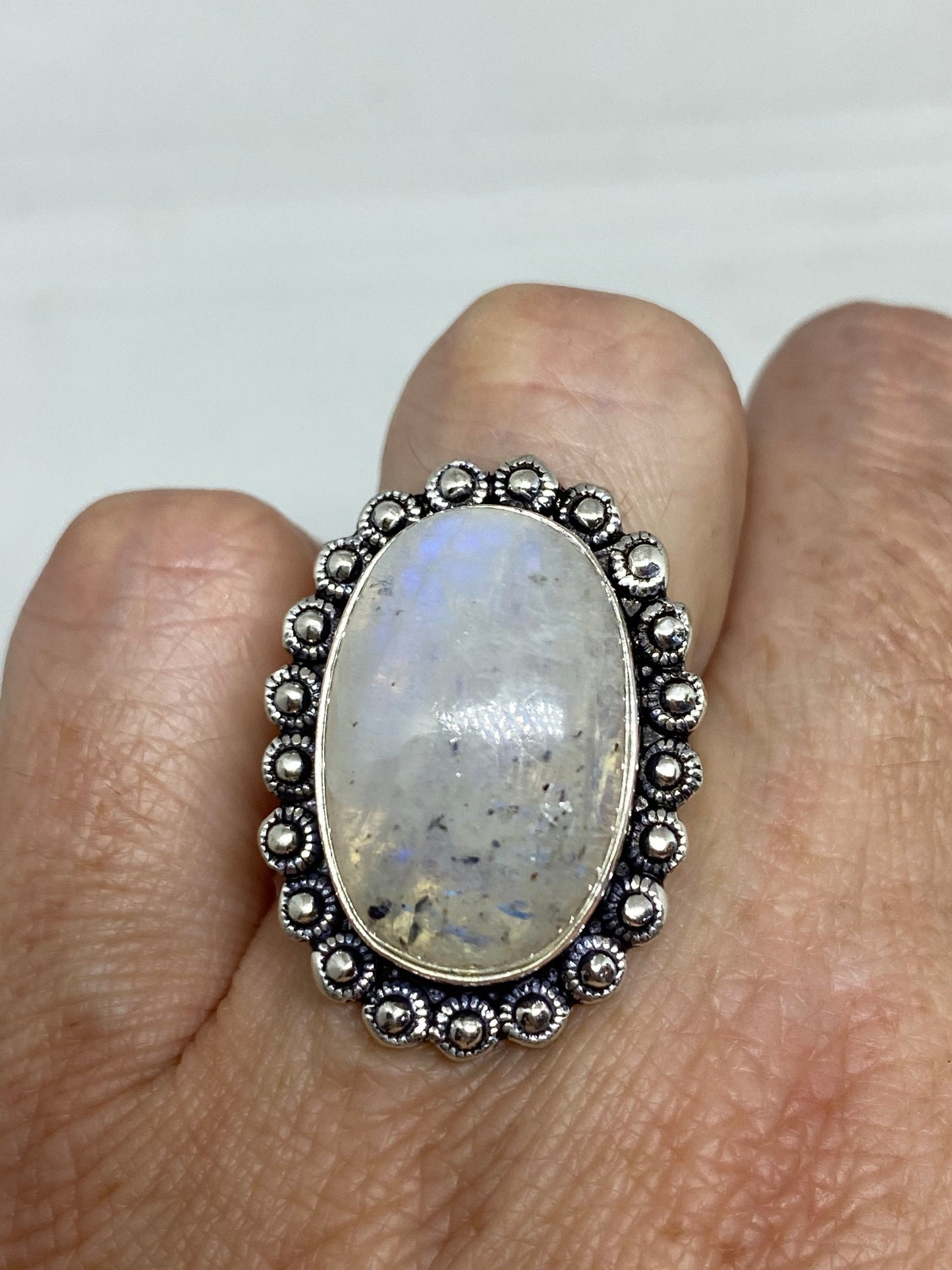 Vintage Large Blue White Rainbow Moonstone Stone Silver Ring