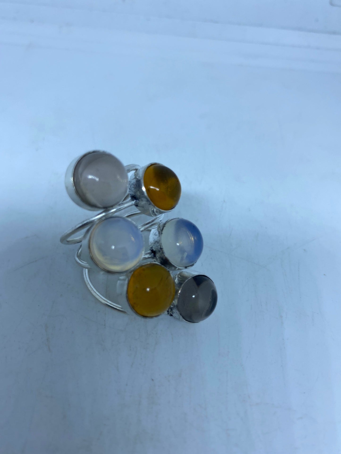 Vintage Genuine Citrine, Topaz, Moonstone Silver Adjustable Cocktail Ring
