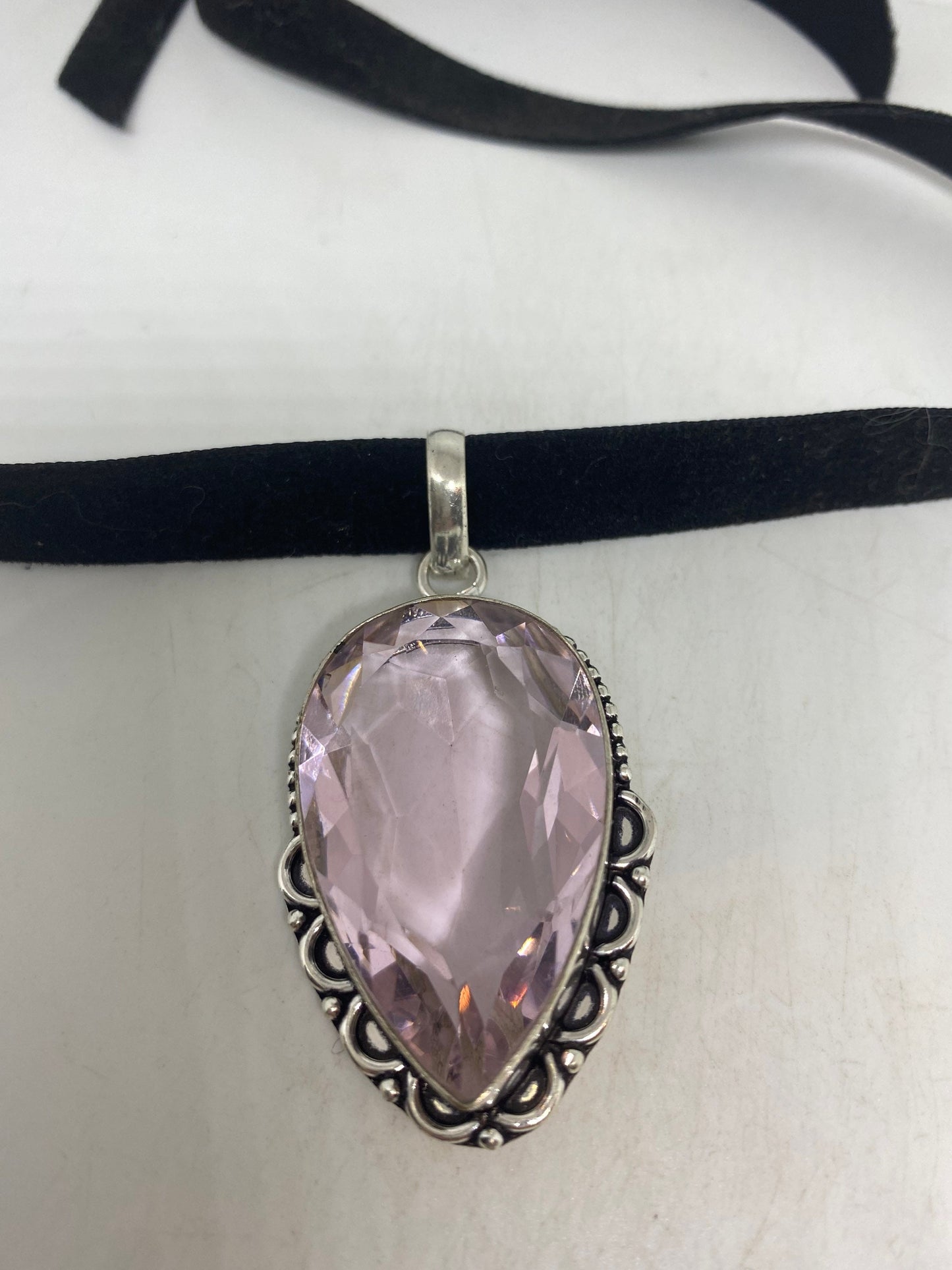Vintage Handmade Silver Finish Rose Quartz Choker Pendant