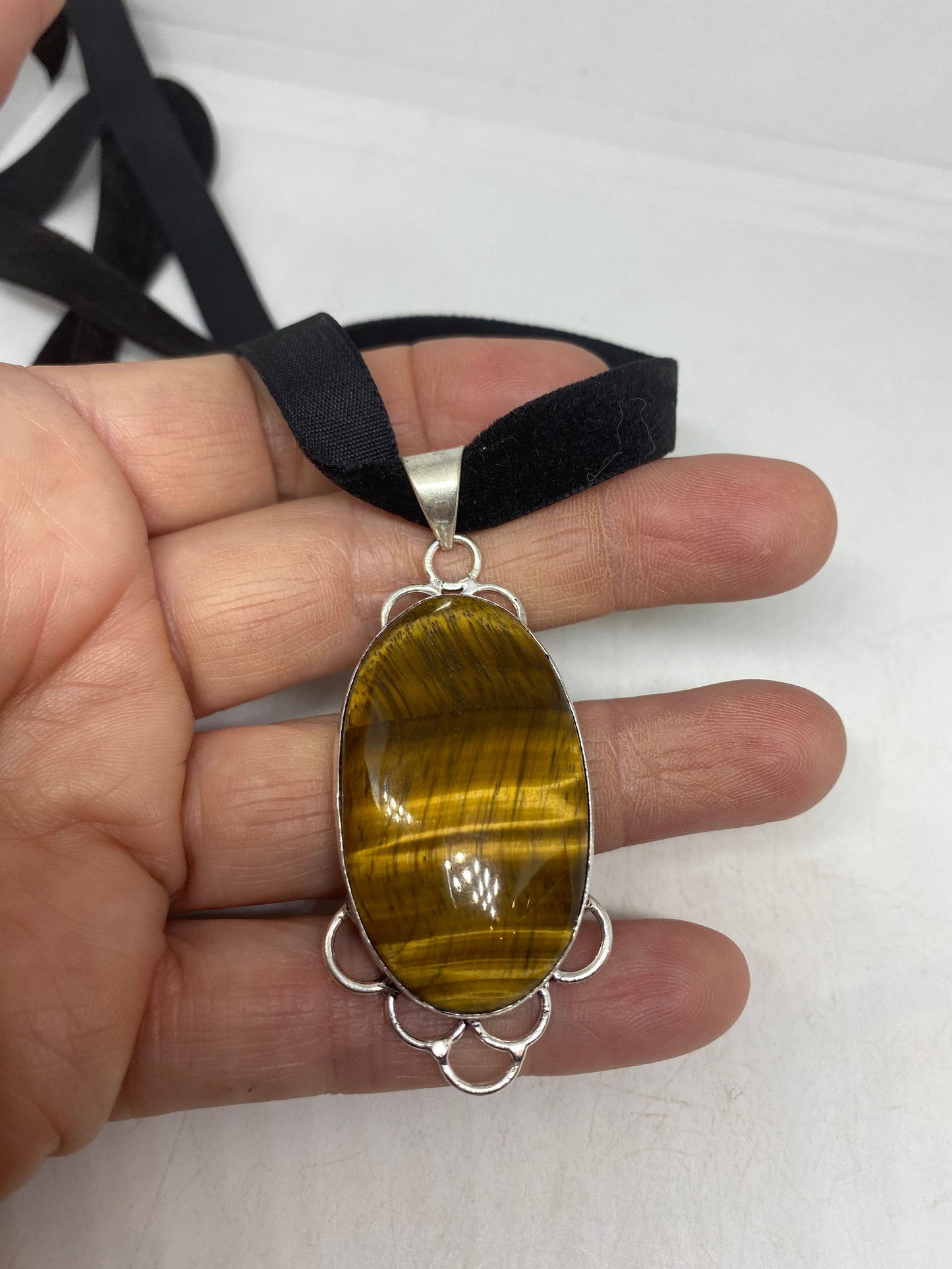 Vintage Tigers Eye Choker Turkish Ottoman Styled Silver Pendant Necklace