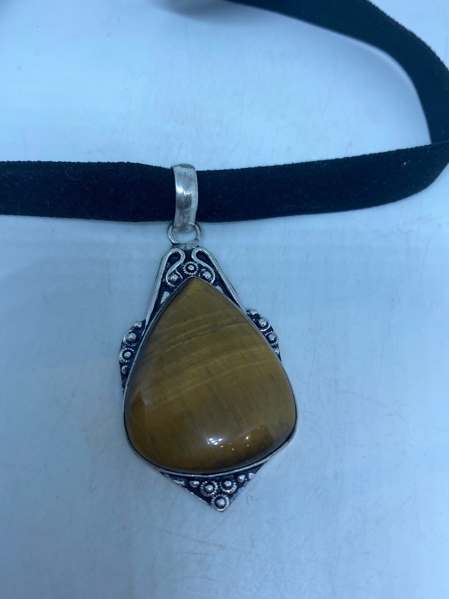 Vintage Tigers Eye Choker Turkish Ottoman Styled Silver Pendant Necklace