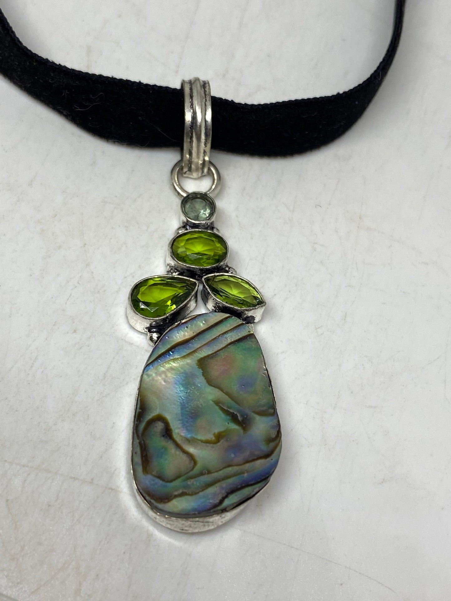 Vintage Green Abalone Peridot Silver Necklace Choker
