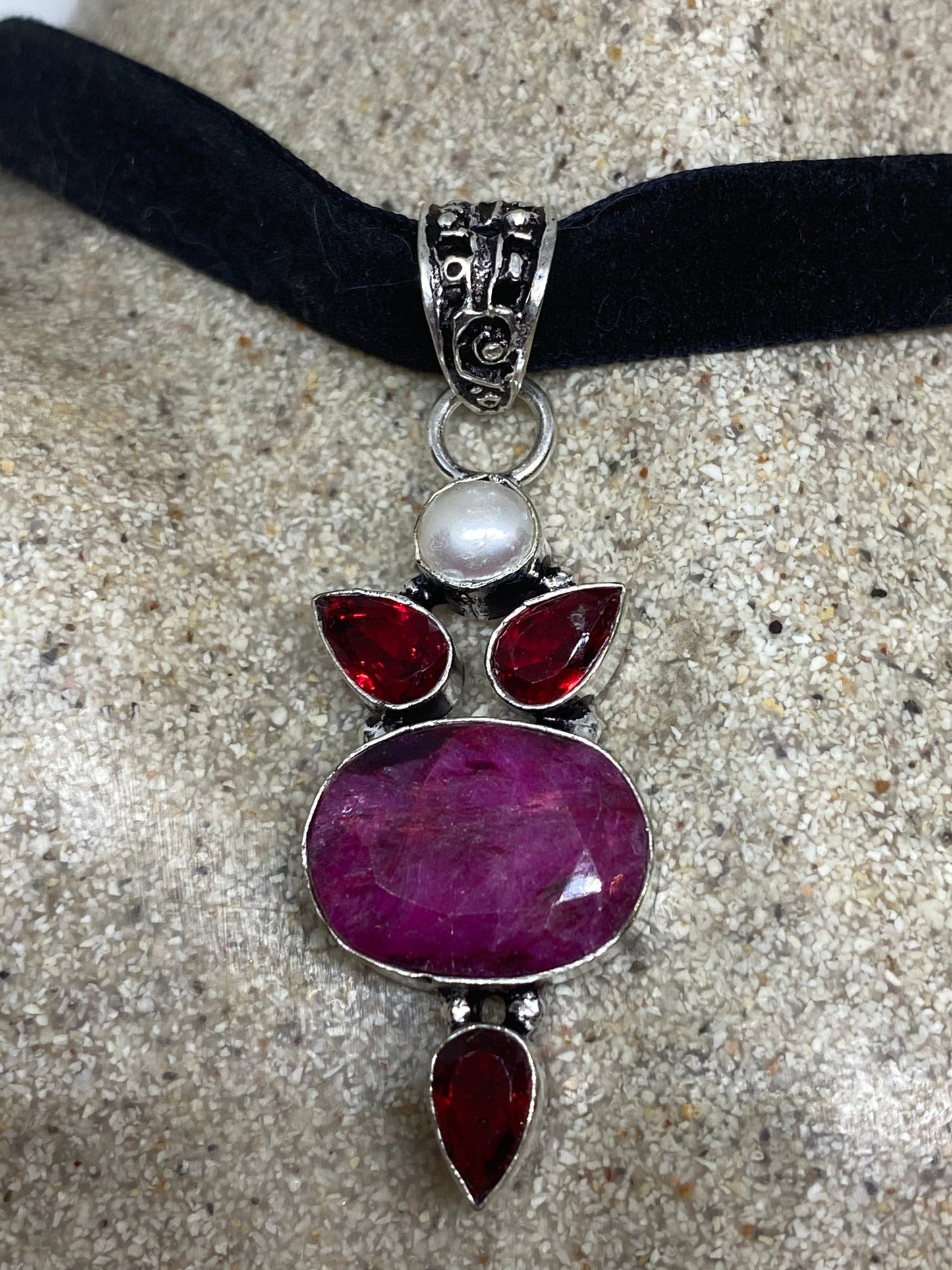 Vintage Pink Raw Ruby Choker Silver Pendant Necklace