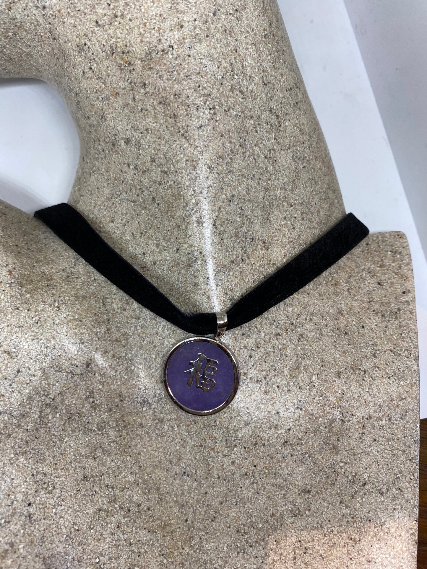 Vintage Purple Jade Choker 925 Sterling Silver Pendant Necklace