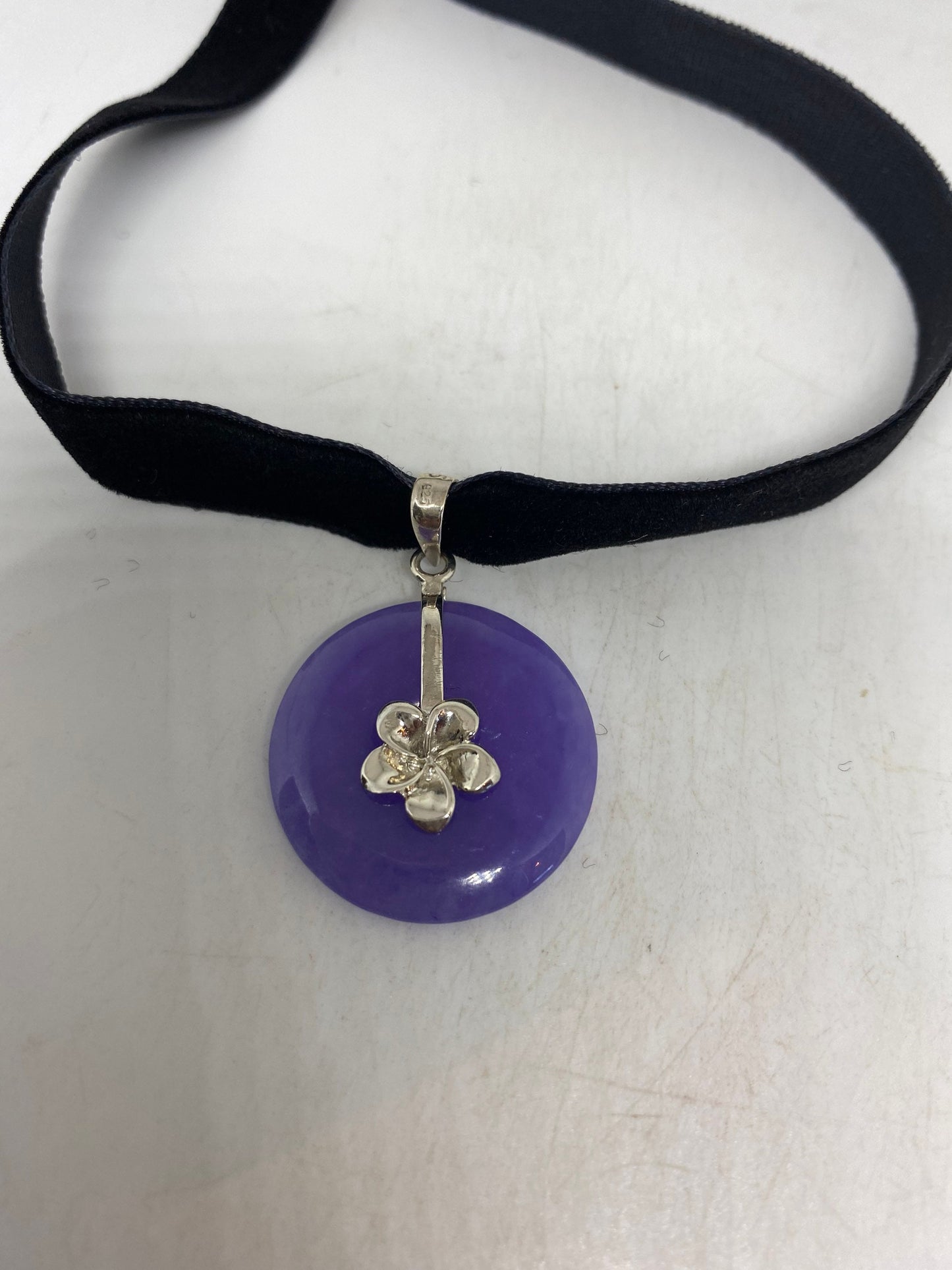 Vintage Purple Jade Choker 925 Sterling Silver Pendant Necklace