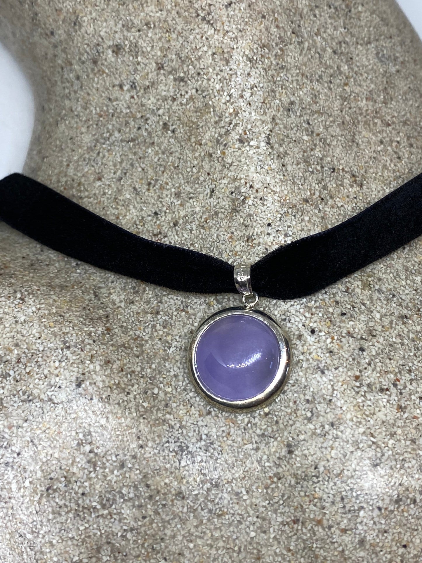 Vintage Purple Jade Choker 925 Sterling Silver Pendant Necklace