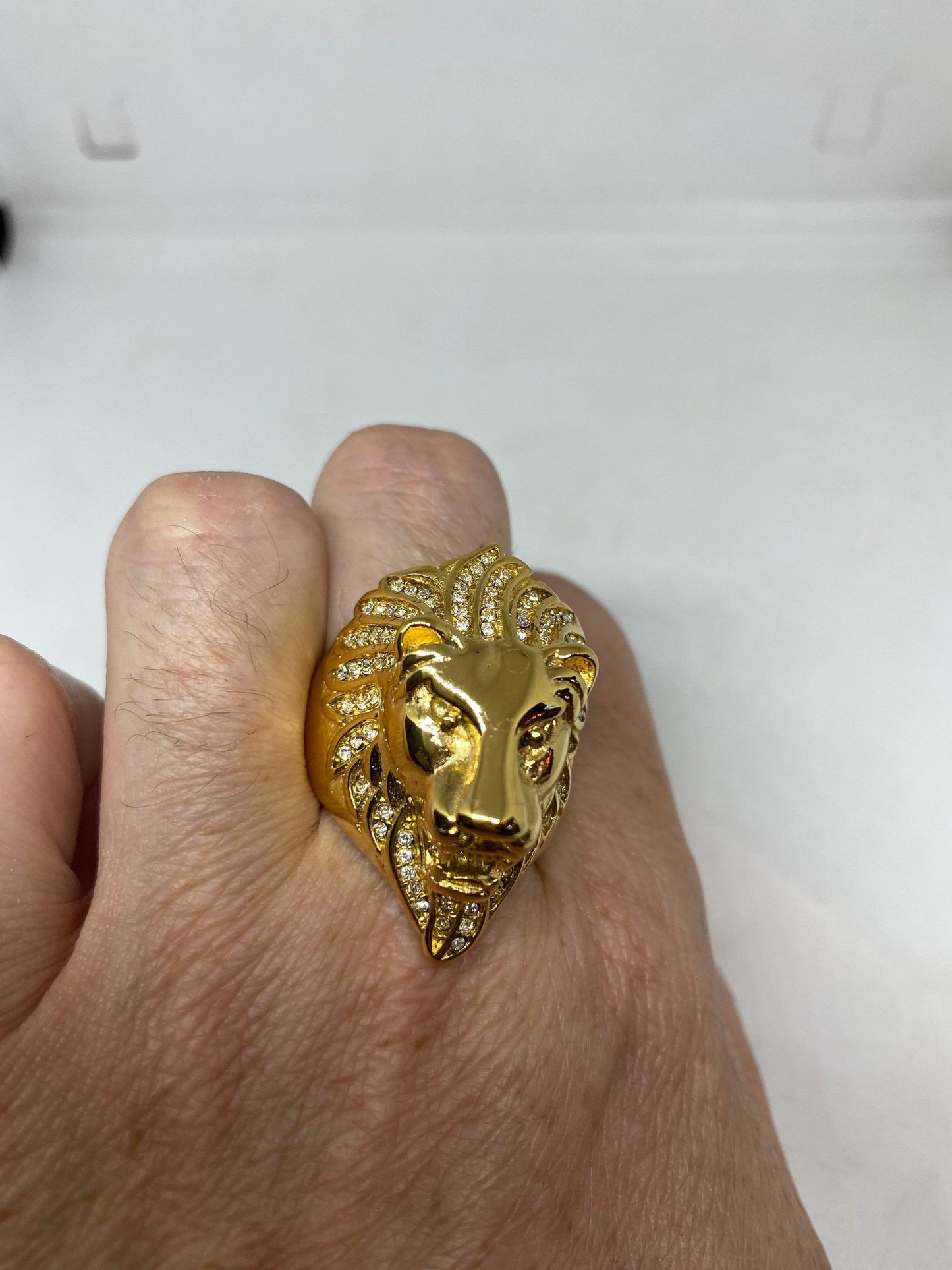 Vintage Gothic Gold Finished Austrian Crystal Stainless Steel Lion Head Leo Men Ring
