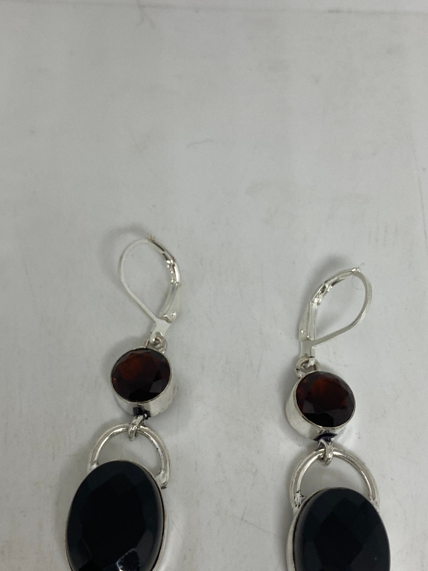 Vintage Black Earring Onyx and Garnet 925 Sterling Silver Deco Dangle Chandelier