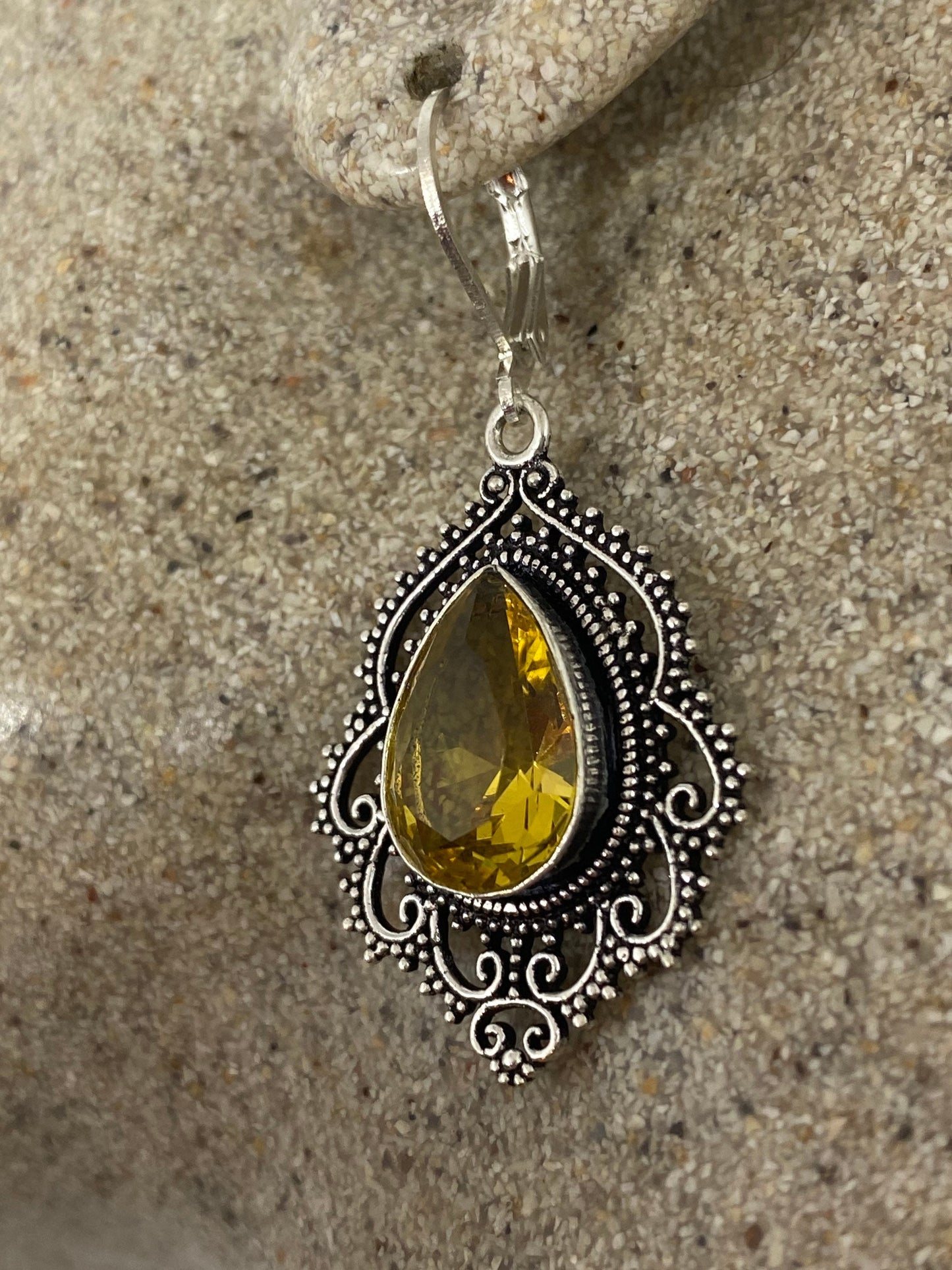 Vintage Golden Citrine Earrings 925 Sterling Silver Deco Dangle Chandelier