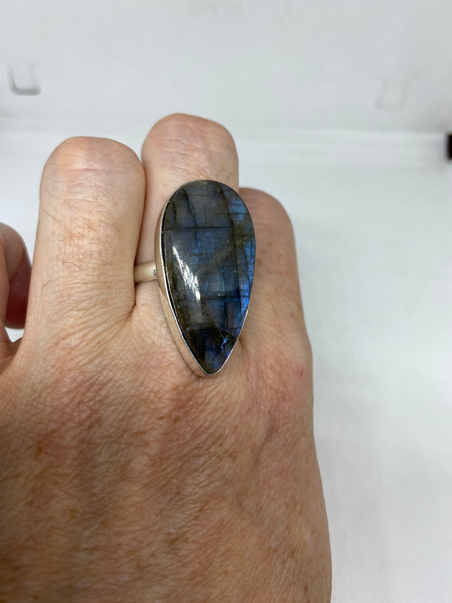 Vintage Large Blue Green Labradorite Stone Silver Ring