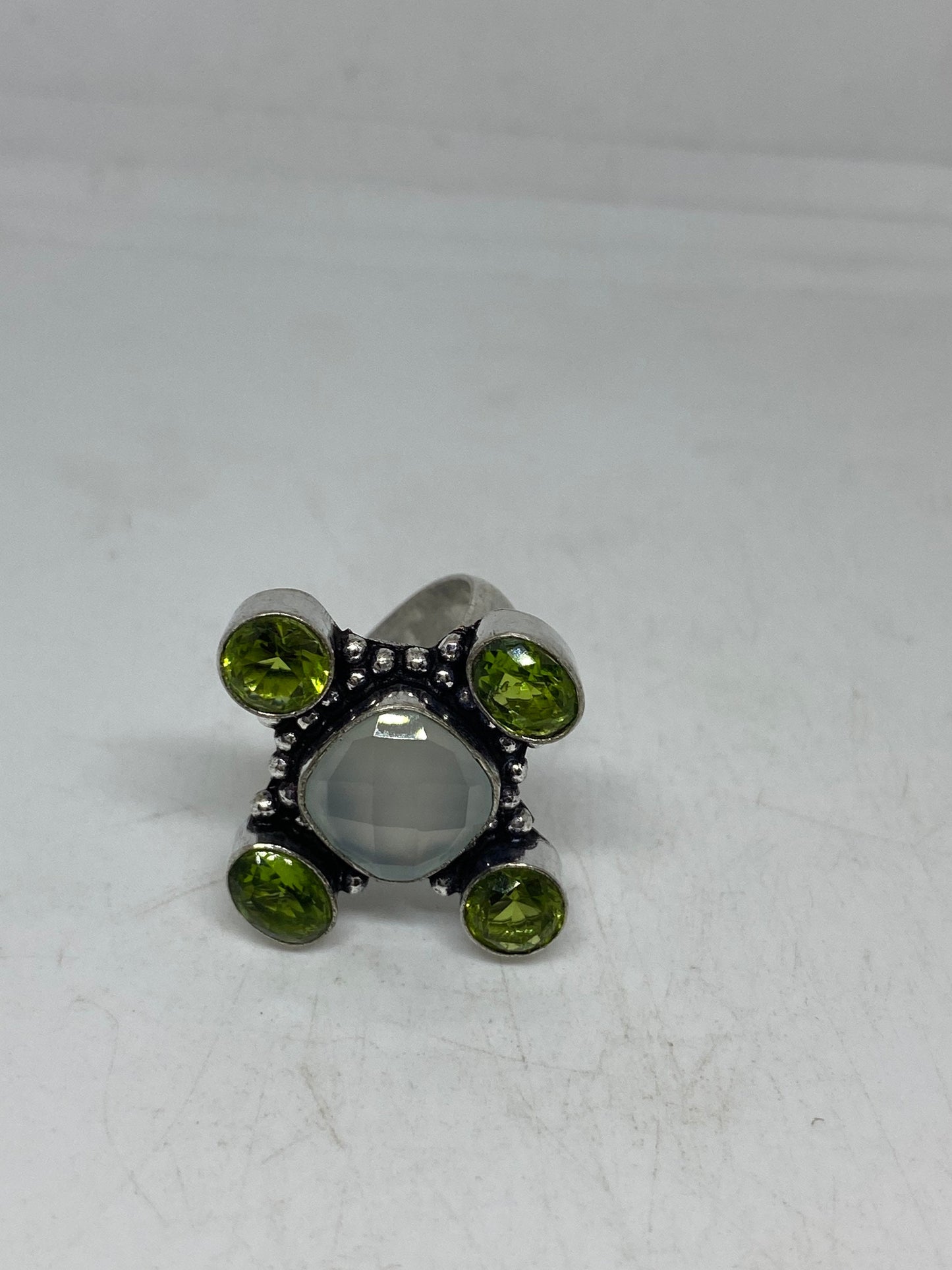 Vintage Blue Calcedony Peridot Stone Silver Ring