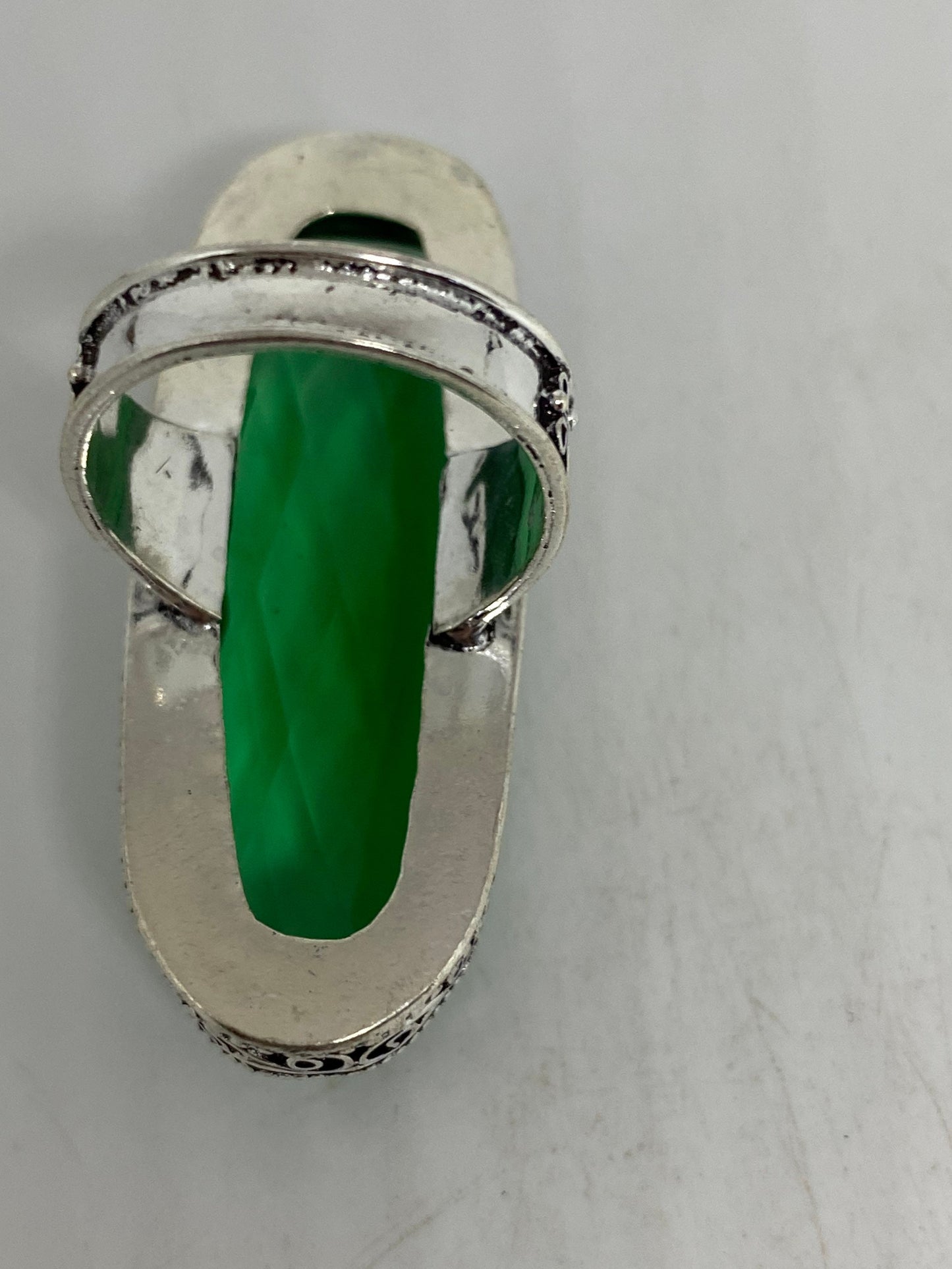Vintage Aqua Art Glass Ring, Ornate German Silver, Size 8.5