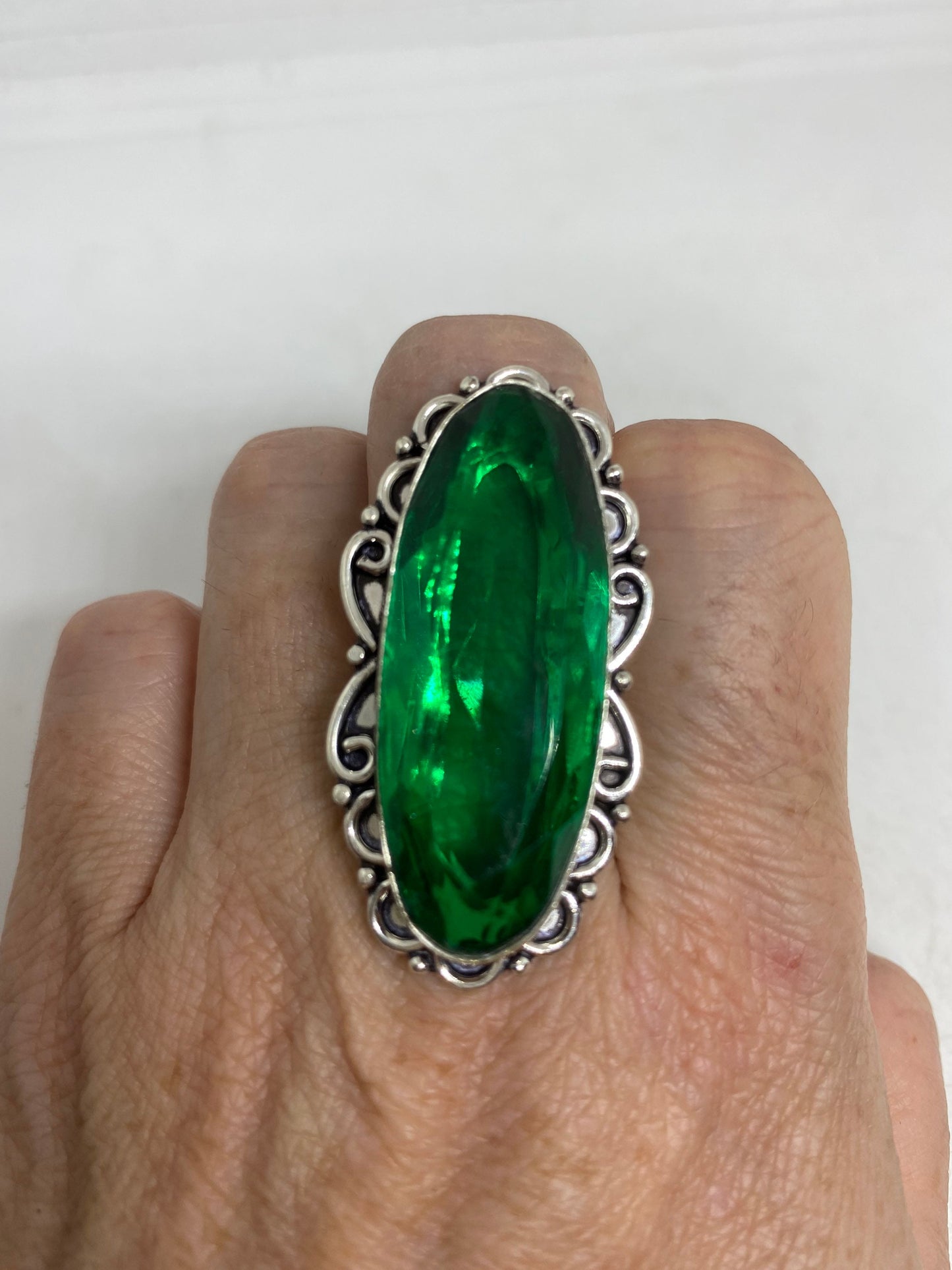 Vintage Aqua Art Glass Ring, Ornate German Silver, Size 8