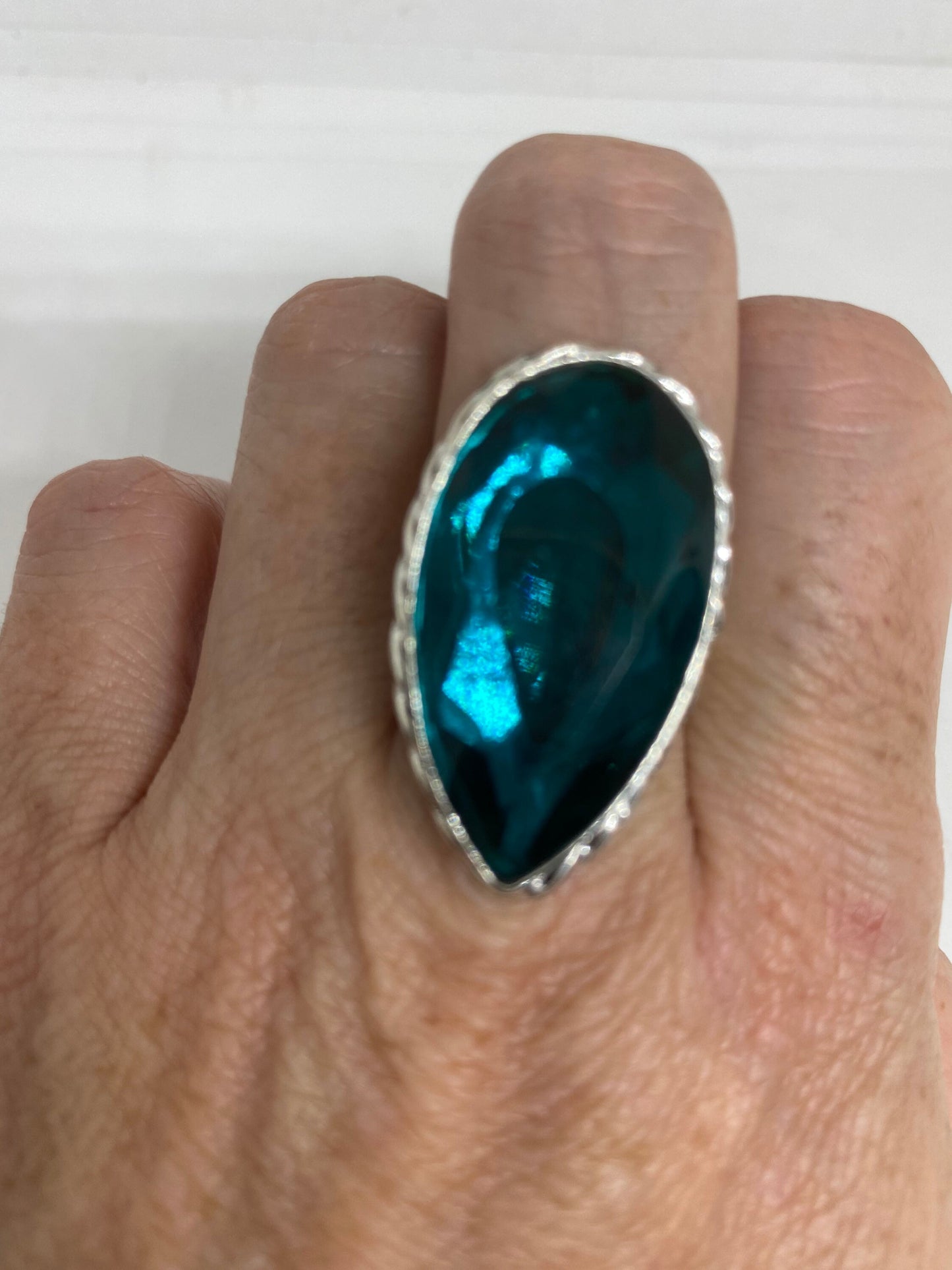 Vintage Aqua Vintage Art Glass Cocktail Ring Size 7.5