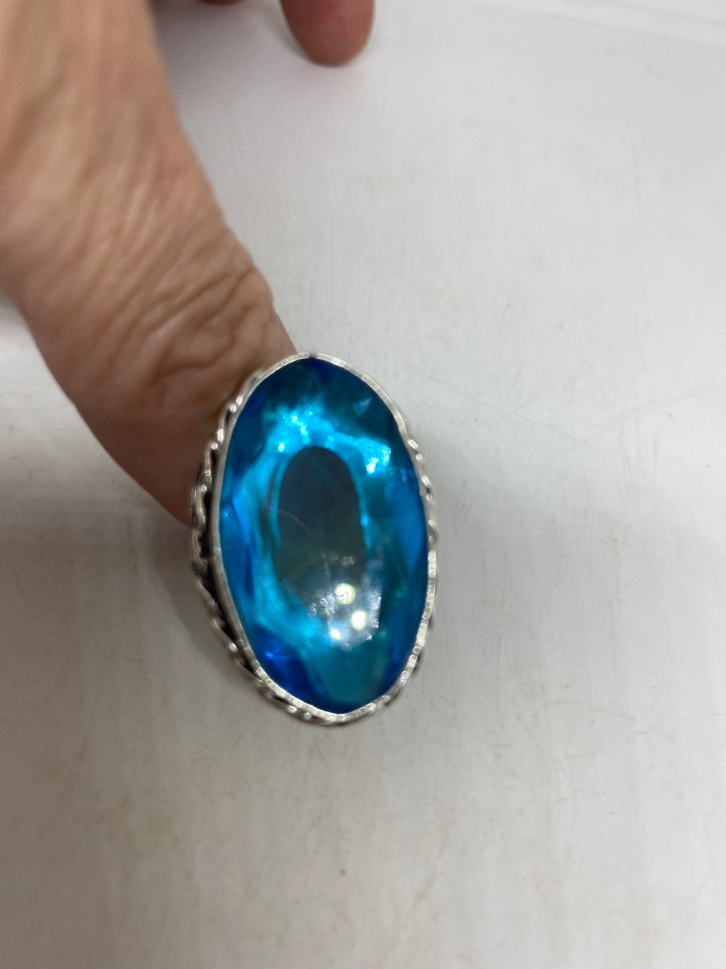 Vintage Aqua Vintage Art Glass Cocktail Ring Size 6