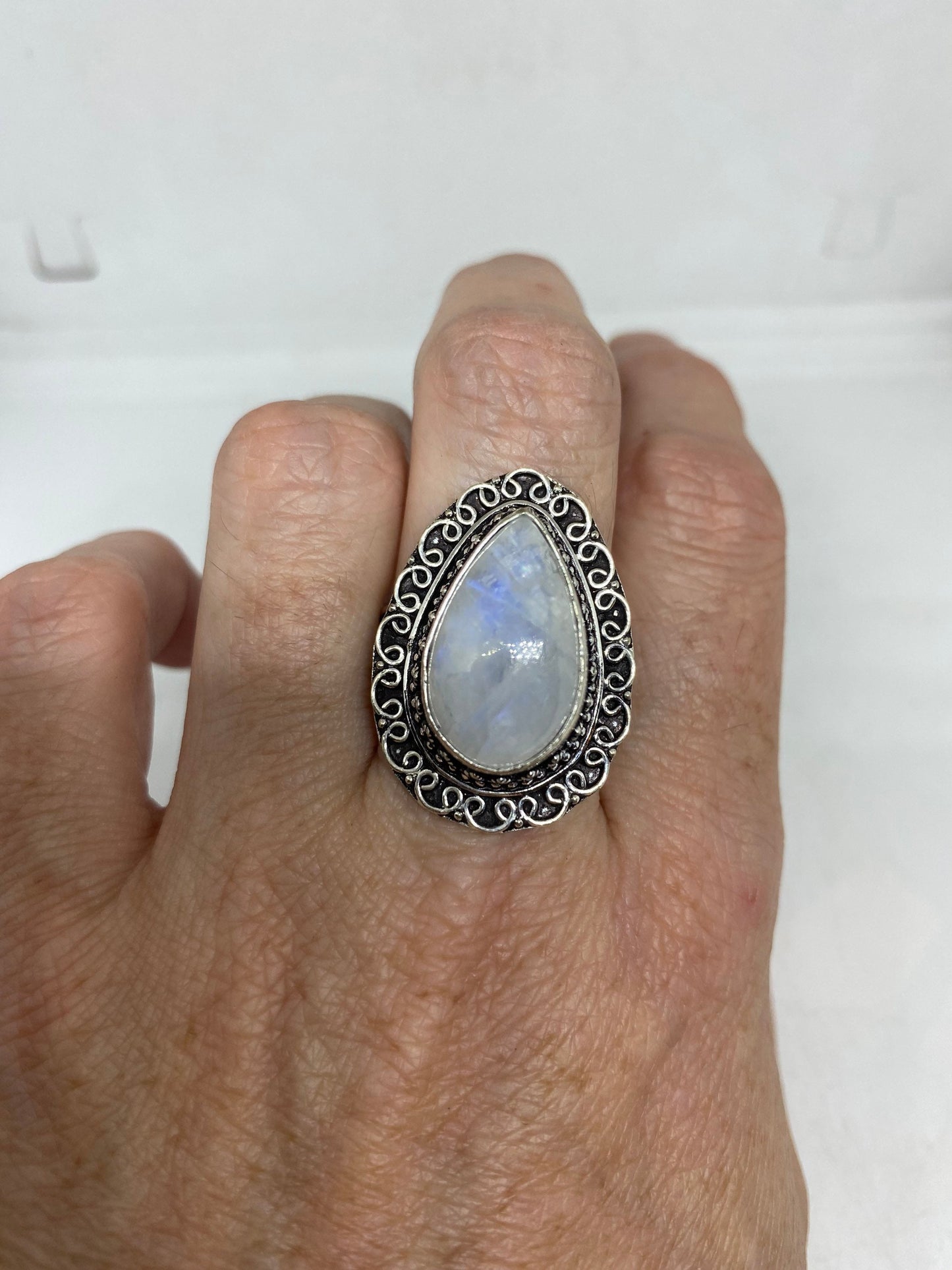 Vintage Large Blue White Rainbow Moonstone Stone Silver Ring