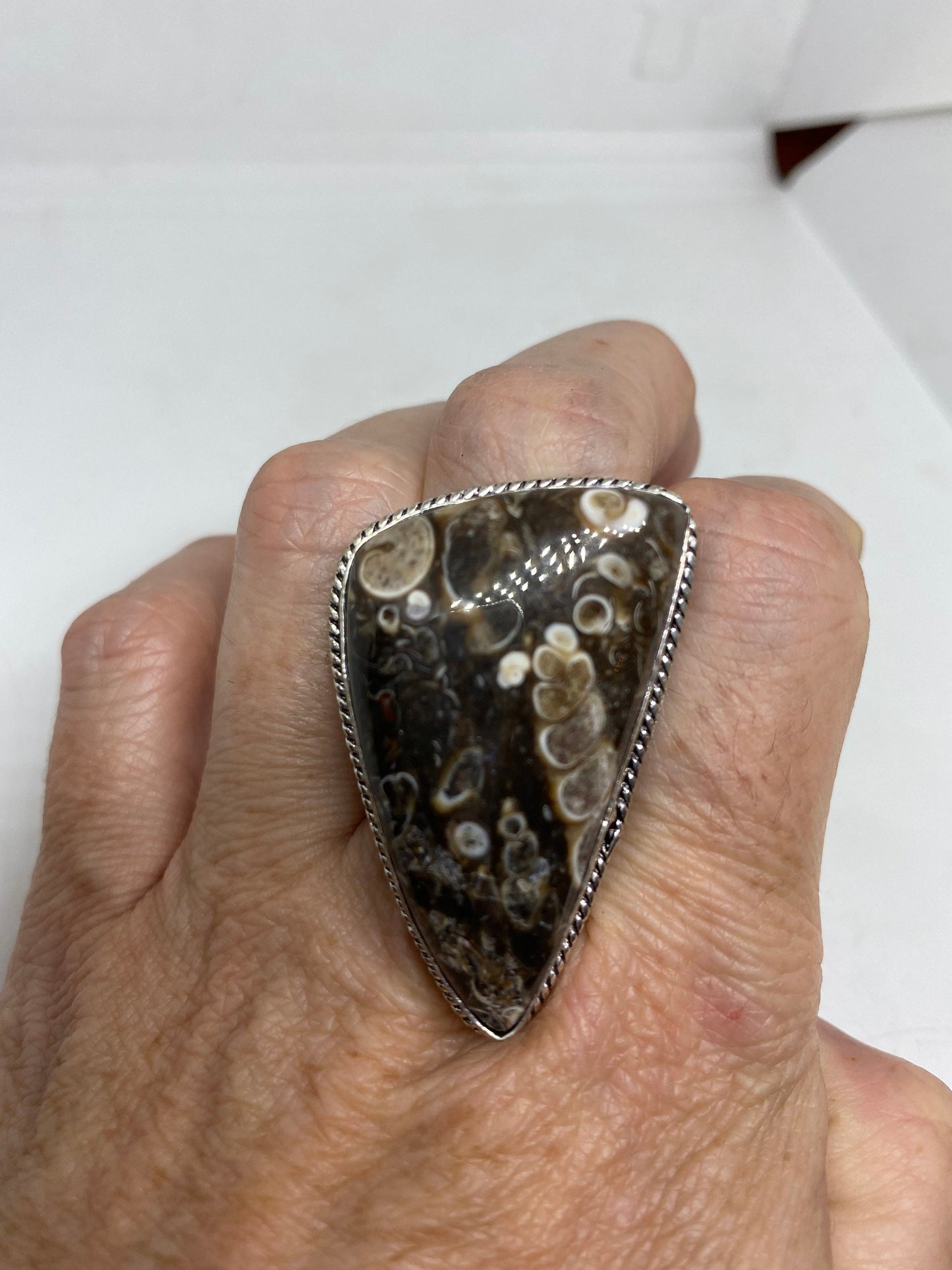 Vintage Brown Fossil agate Cocktail Ring