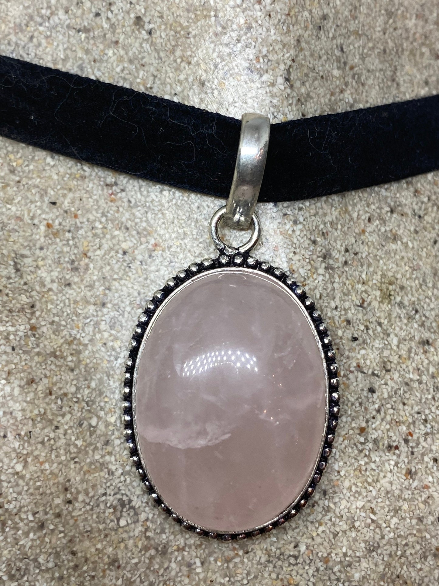 Vintage Handmade Silver Finish Rose Quartz Choker Pendant