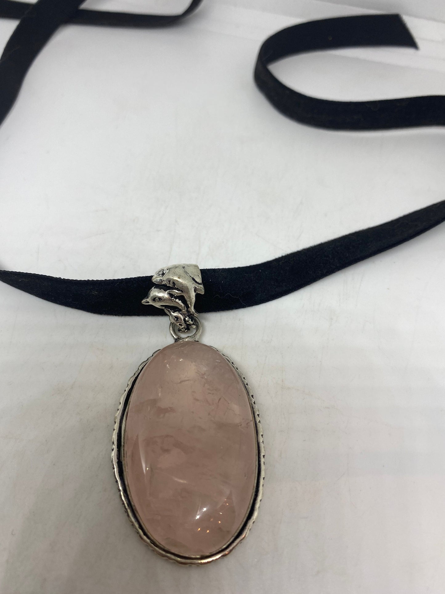Vintage Handmade Silver Finish Rose Quartz Choker Pendant