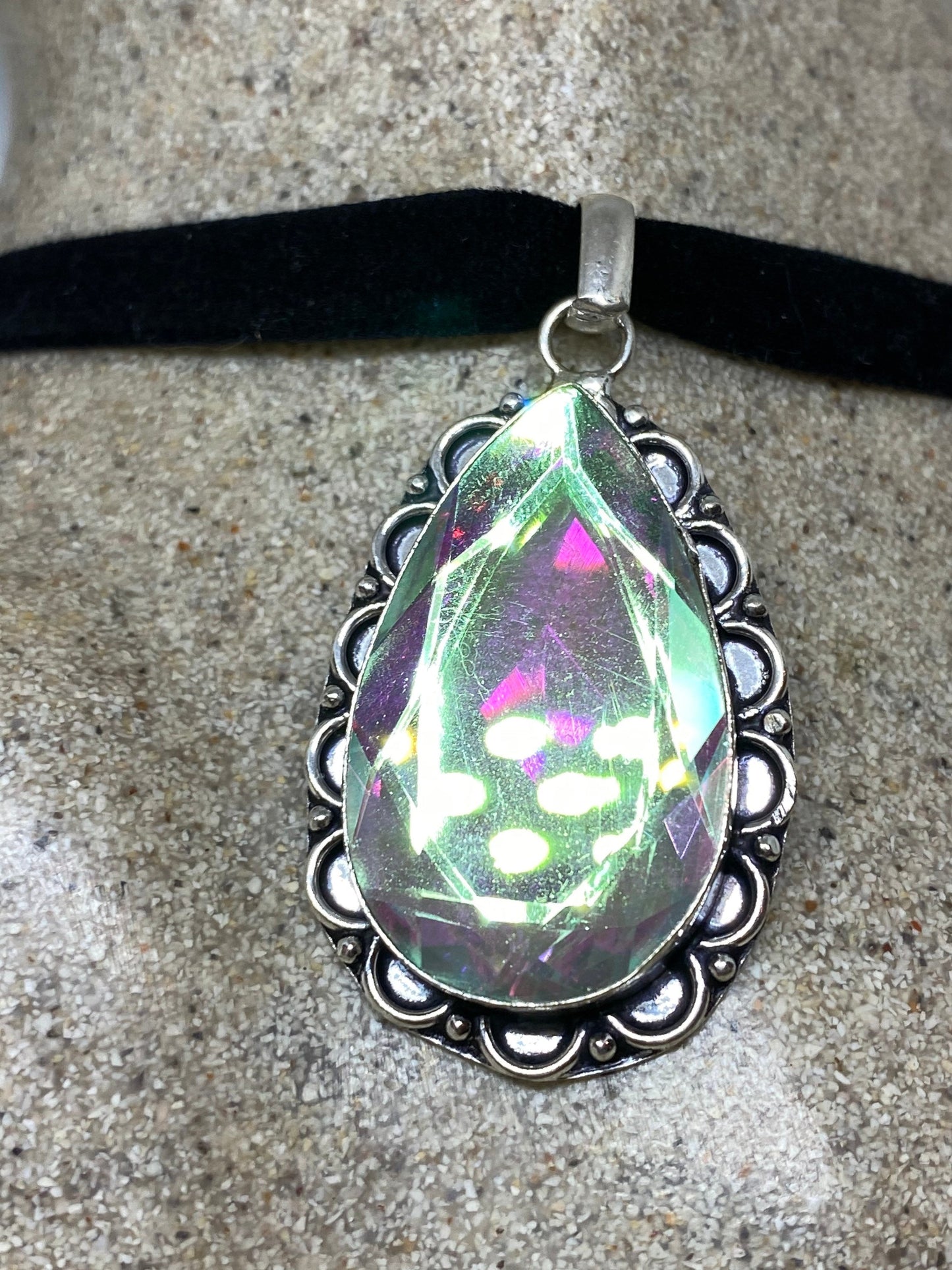 Vintage Rainbow Glass Antique Velvet Choker Necklace