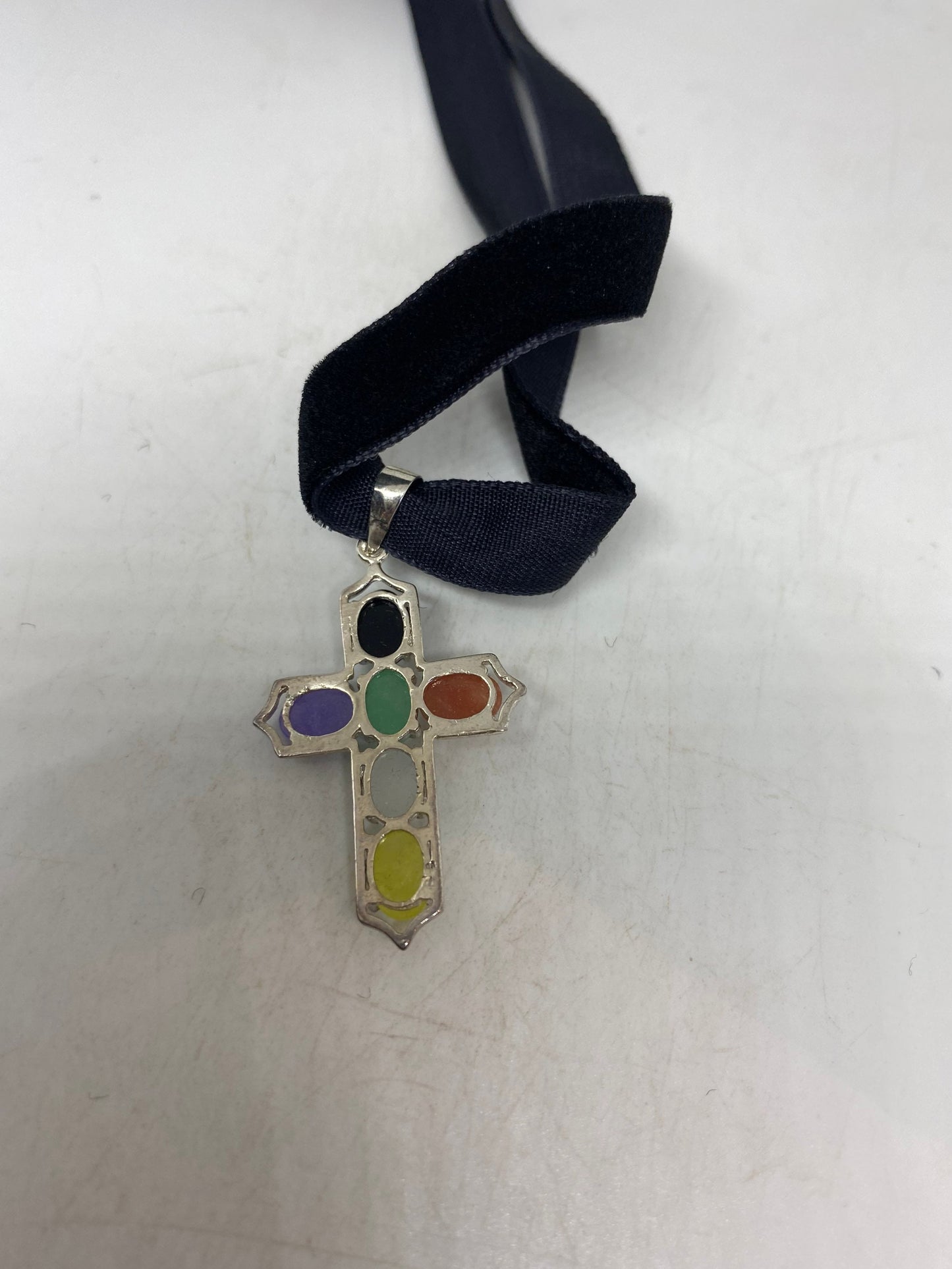 Vintage Fun Jade and Mixed Gemstone Choker 925 Sterling Silver Cross Pendant Necklace