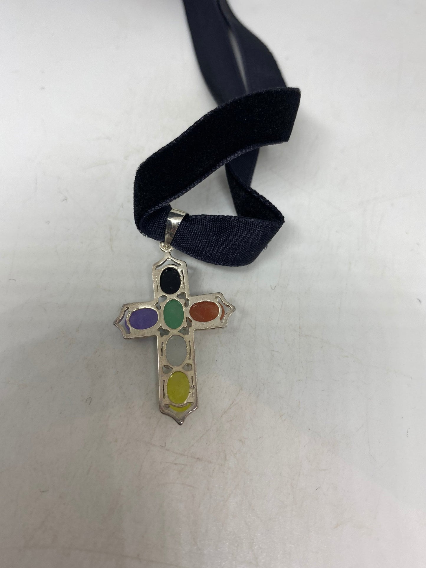 Vintage Fun Jade and Mixed Gemstone Choker 925 Sterling Silver Cross Pendant Necklace