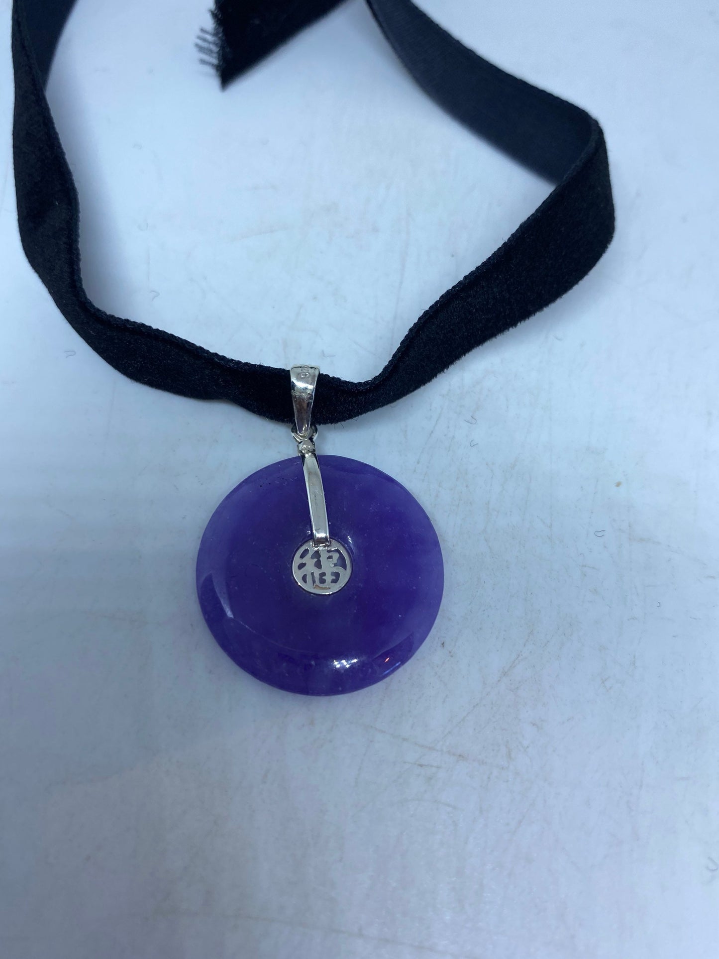 Vintage Purple Jade Choker 925 Sterling Silver Pendant Necklace