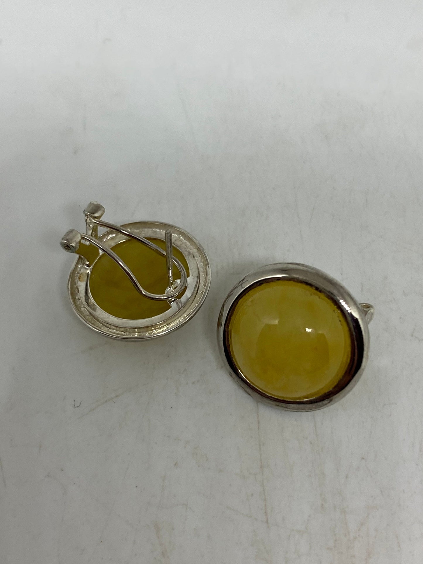 Vintage Genuine Yellow Jade Gemstone Silver Earrings