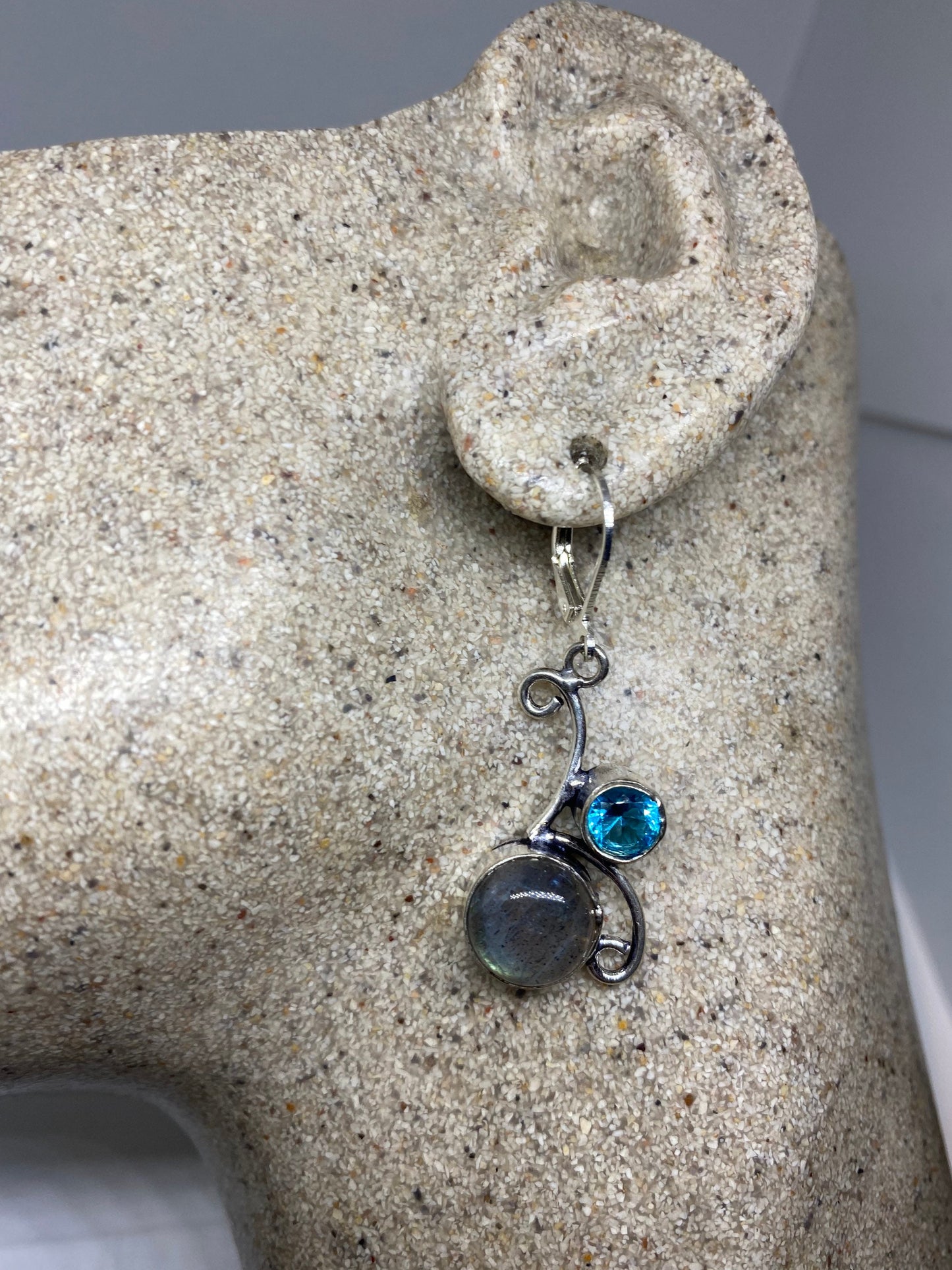 Vintage Rainbow Labradorite Blue Topaz Earrings Silver Dangle 925 Sterling Silver Leverbacks