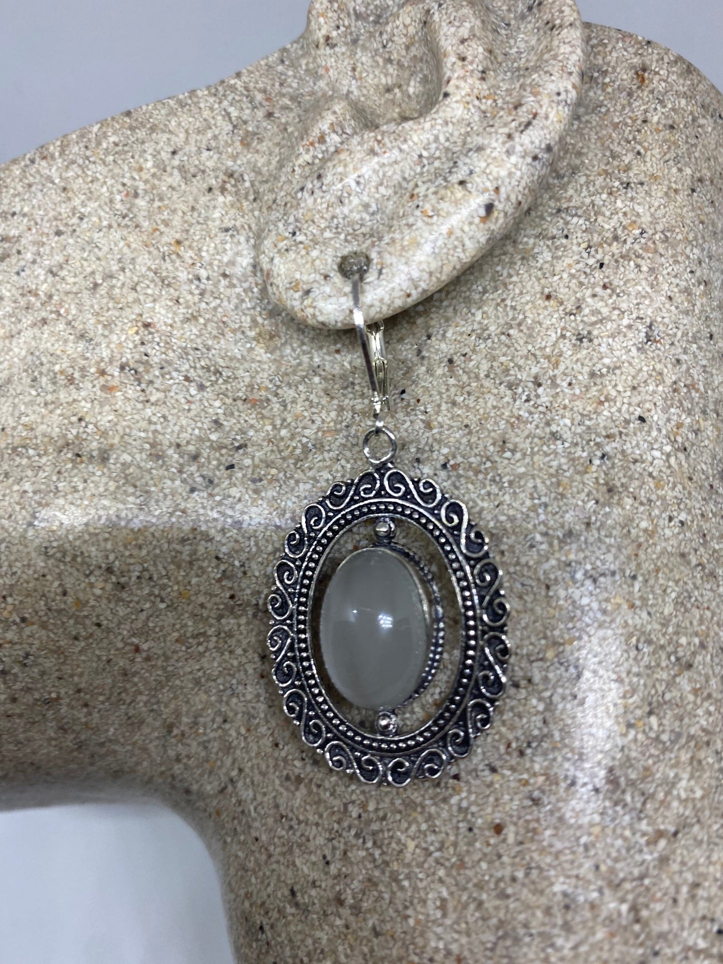 Vintage Sterling Silver White lab Cats Eye Lever Back Earrings