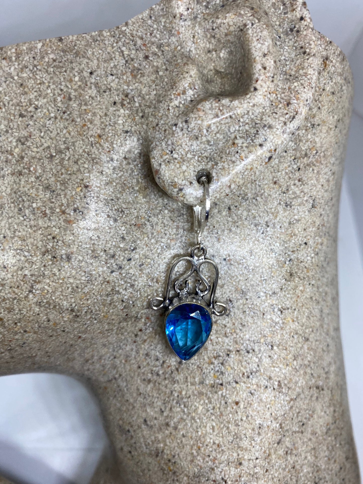 Vintage Blue Topaz LeverBack Earrings 925 Sterling Silver Dangle