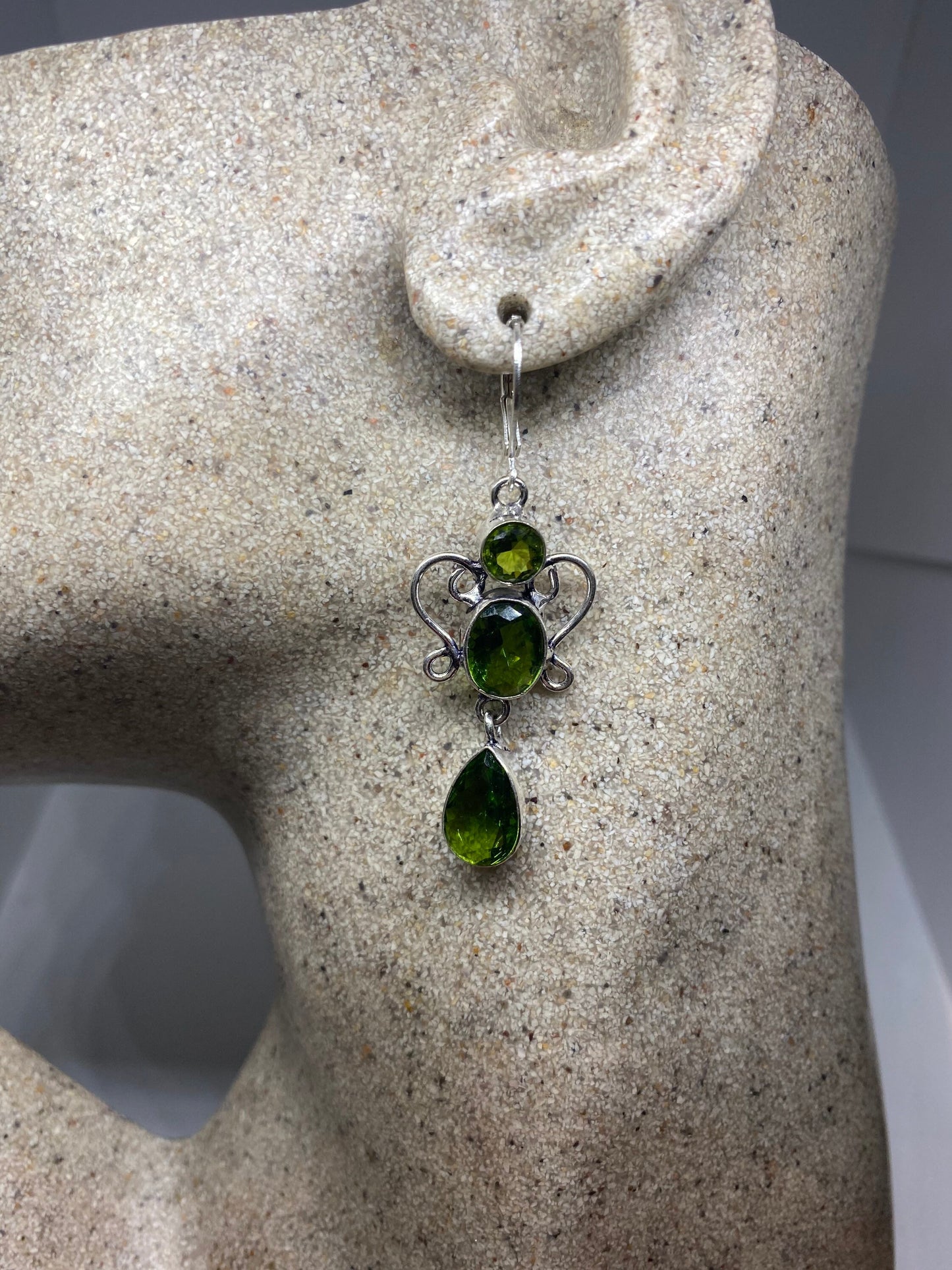 Antique Vintage Green Peridot Silver Dangle Earrings