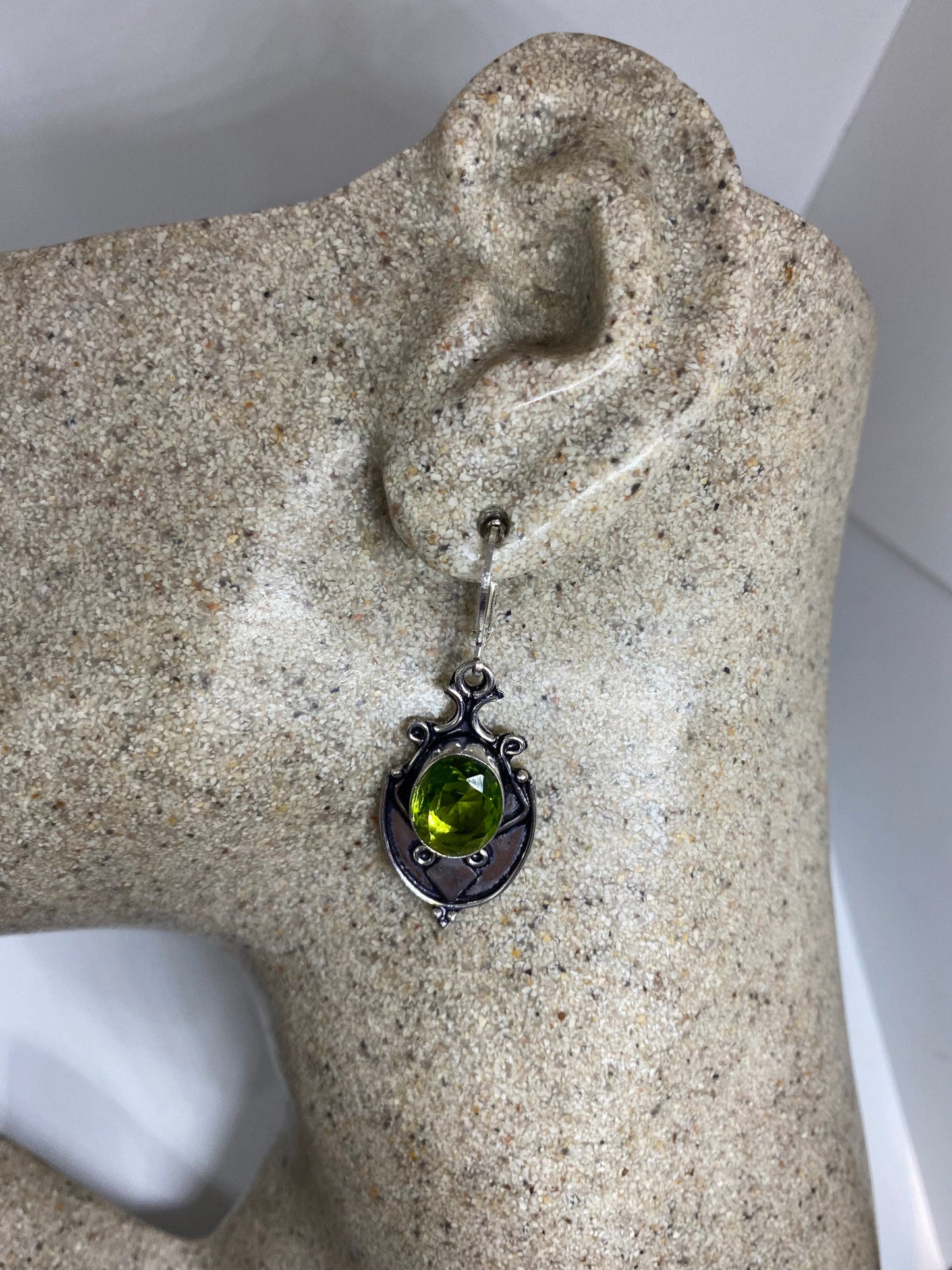 Antique Vintage Green Peridot Silver Dangle Earrings