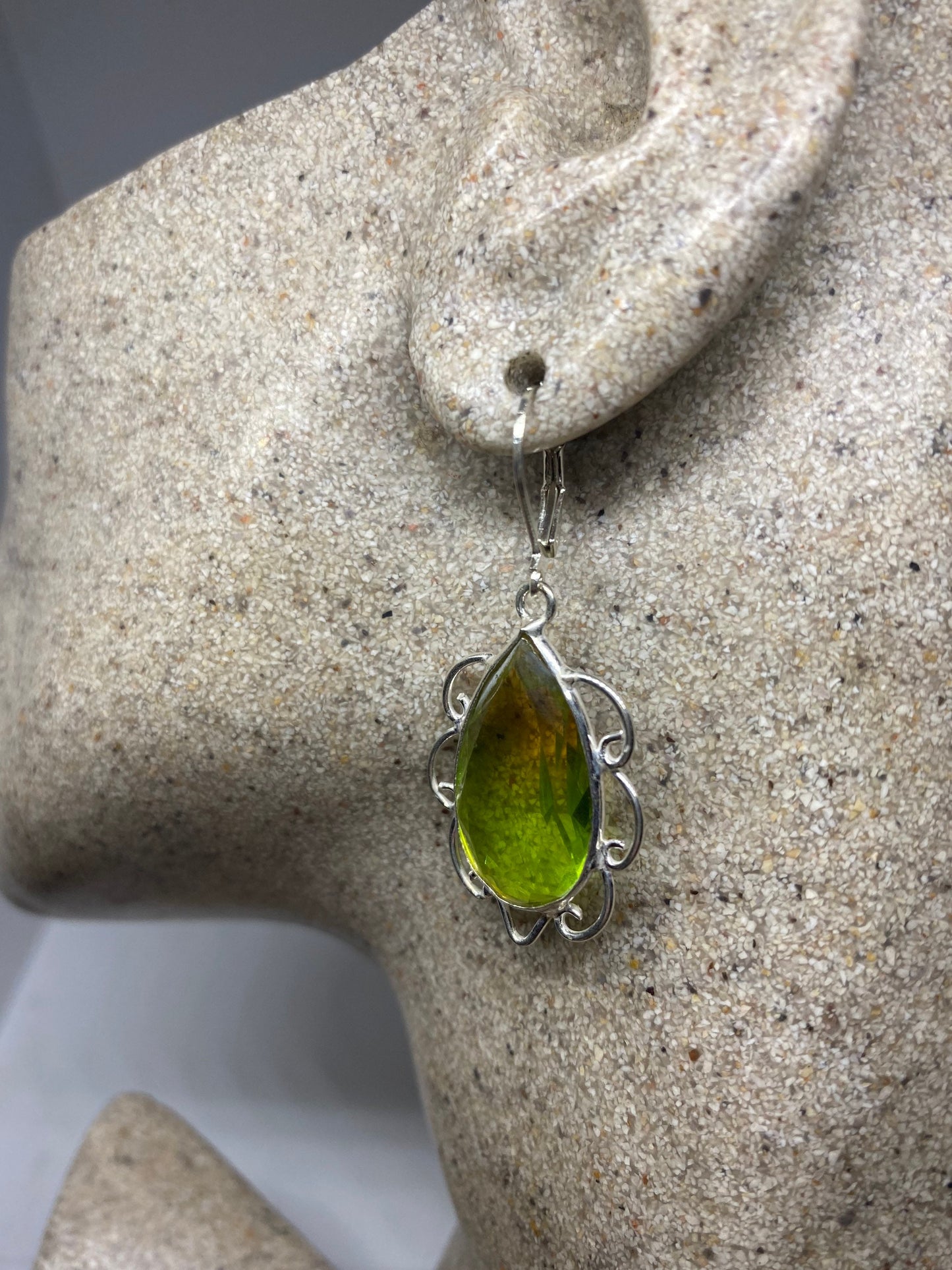 Antique Vintage Green Glass Silver Dangle Earrings