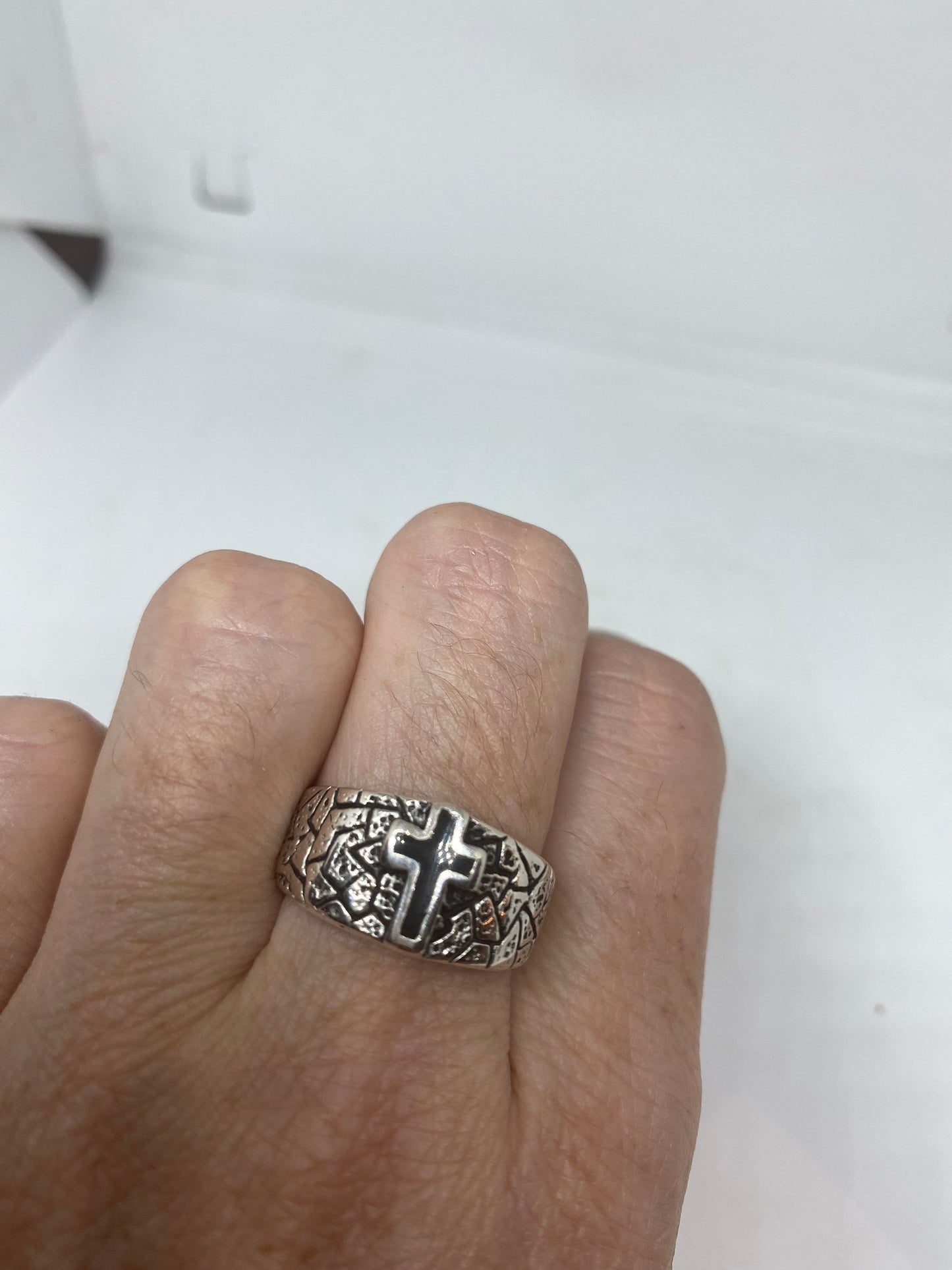 Vintage Gothic Black Inlay Cross Mens White Bronze Ring