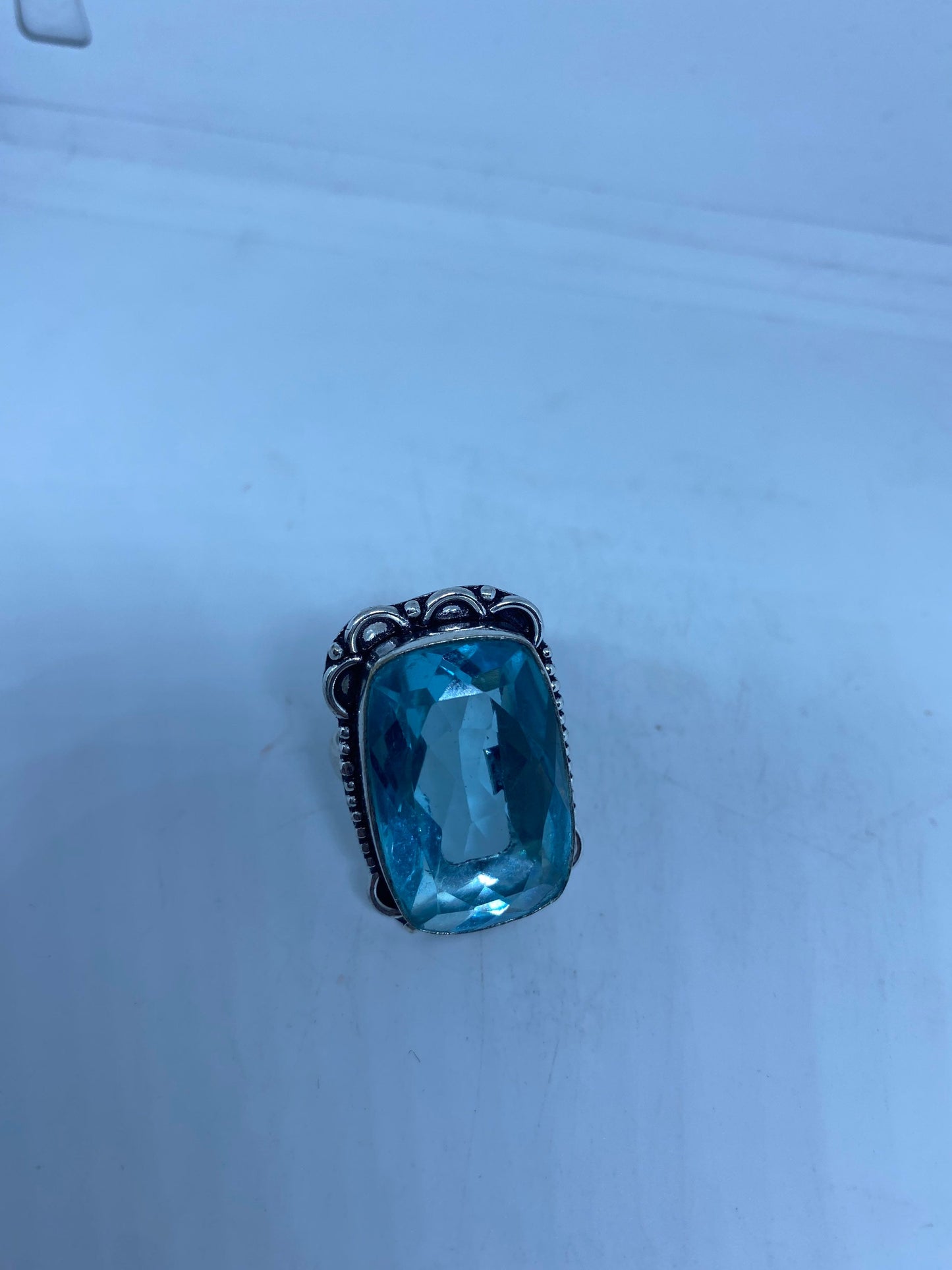 Vintage Aqua Art Glass Ring, Ornate German Silver, Size 6.5