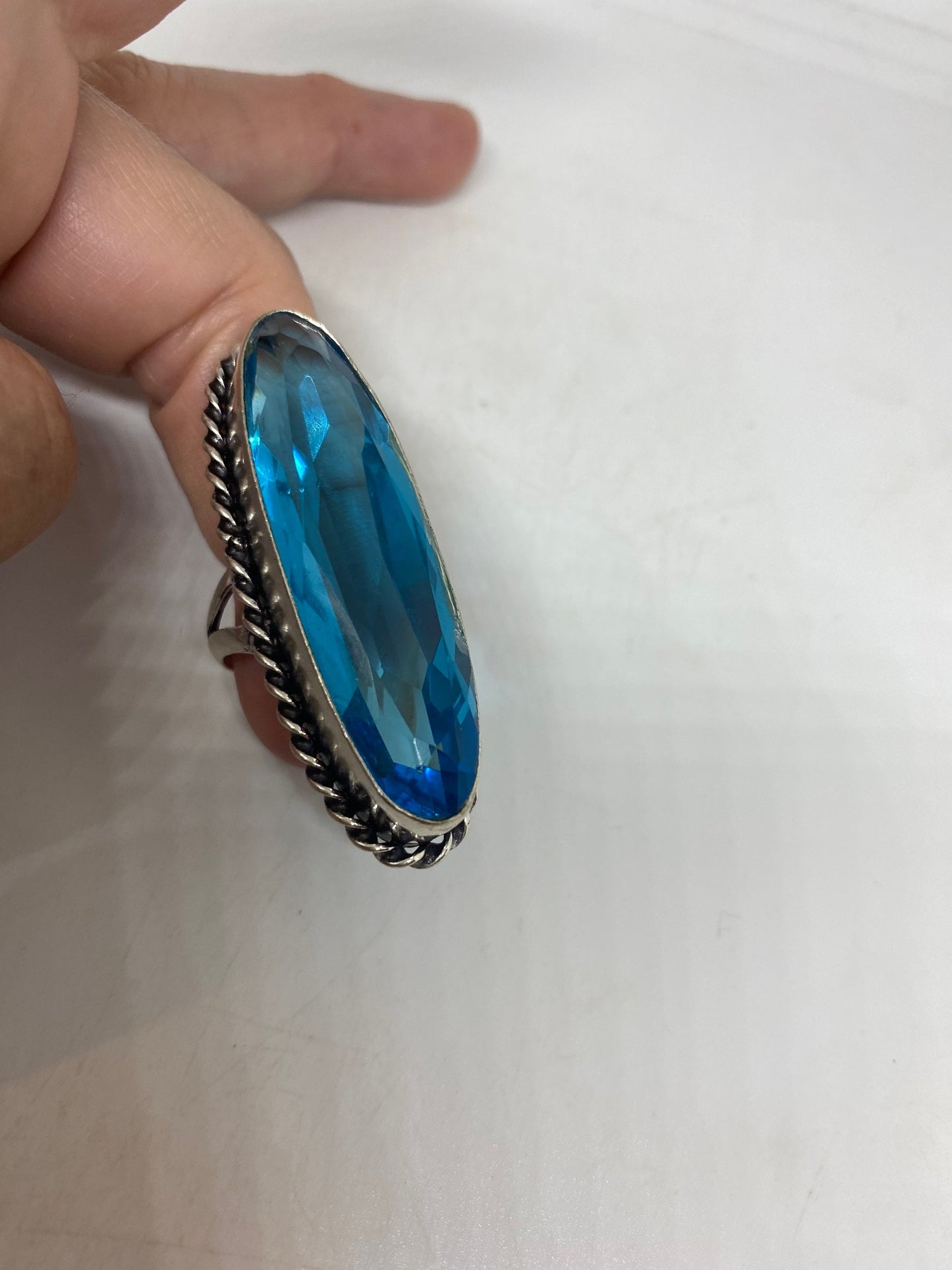 Vintage Aqua Art Glass Ring, Ornate German Silver, Size 5