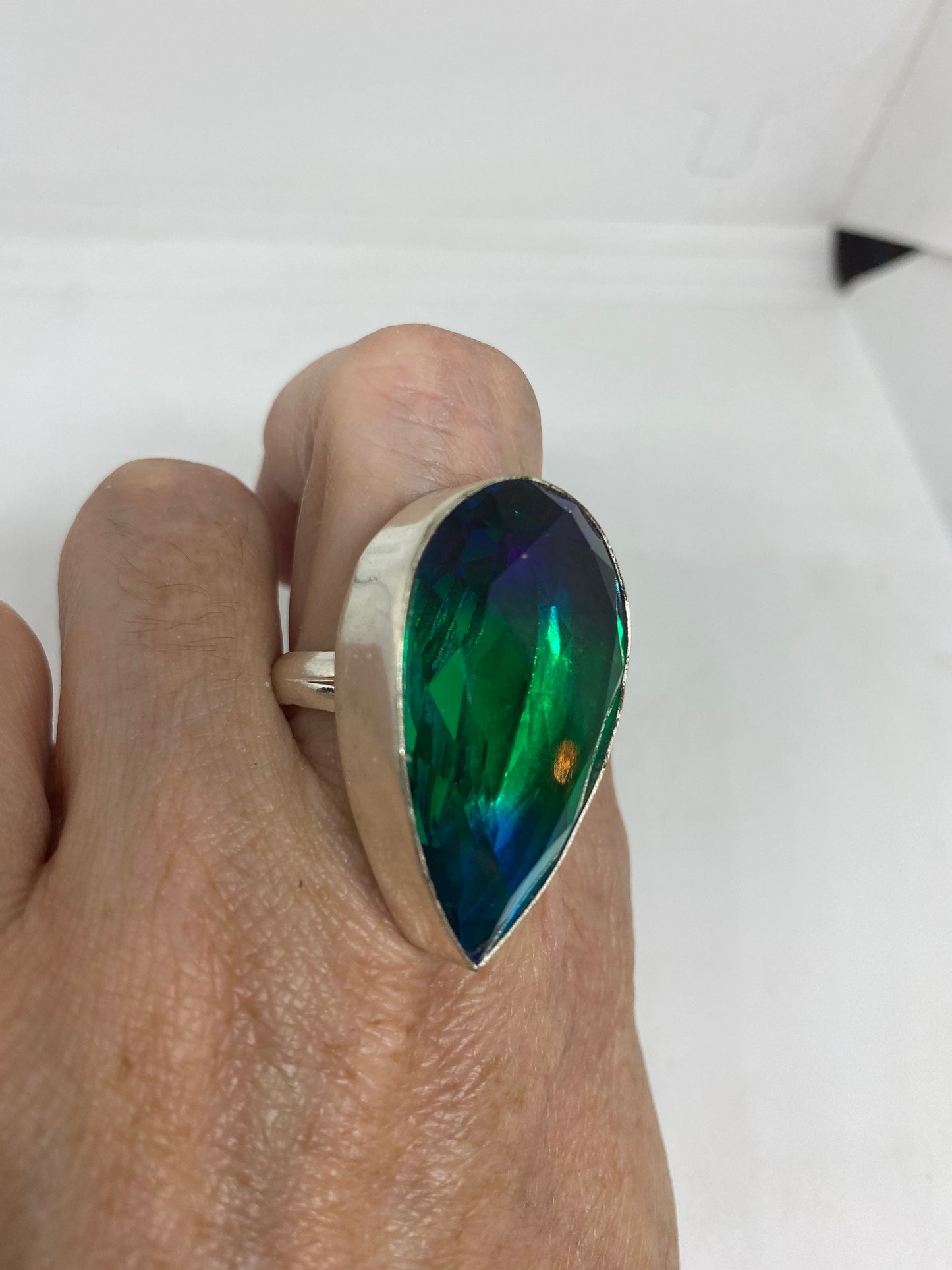 Vintage Art Glass Cocktail Ring, German Silver, Aqua Purple, Size 9
