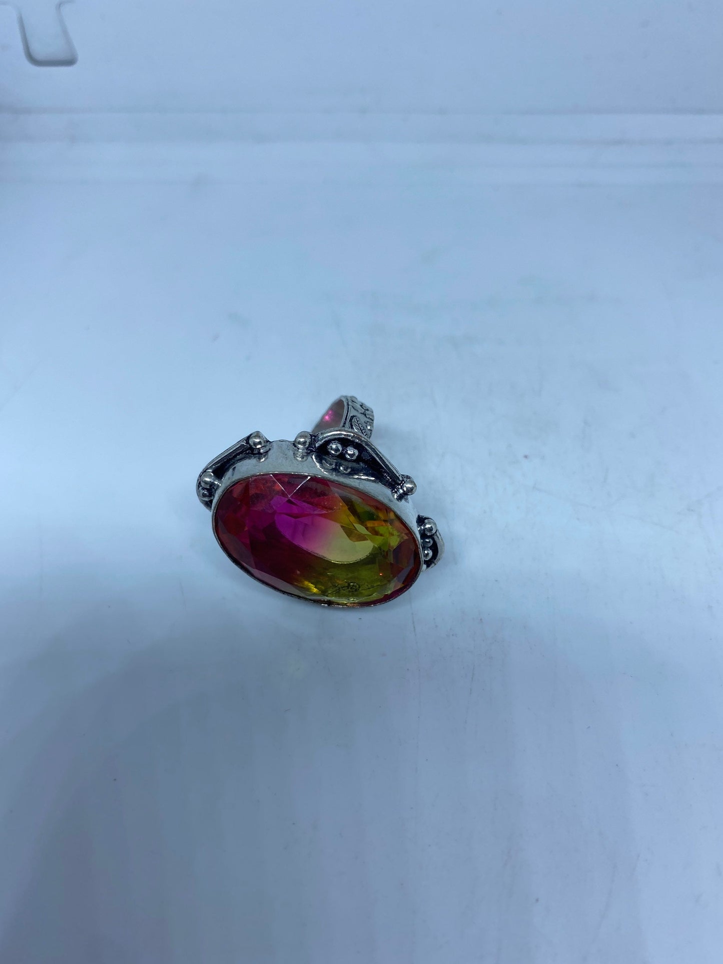 Vintage German Silver Ring, Large Pink Art Glass, Size 8.75