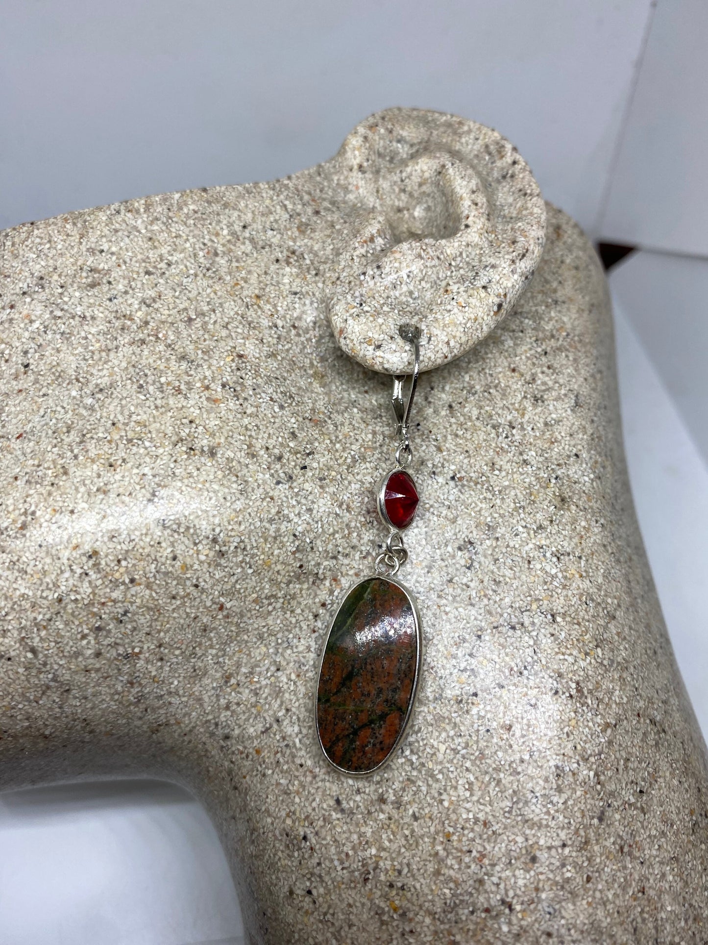 Vintage Unikite Agate 925 Sterling Silver Deco Dangle Earrings