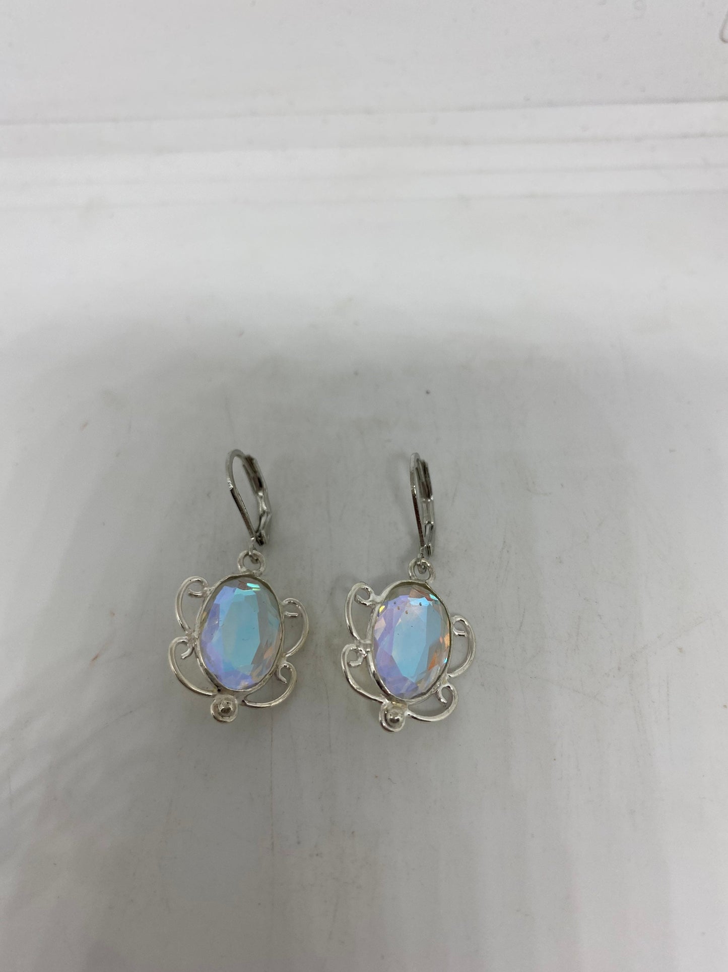 Antique Vintage Blue Pink Opal Glass Silver Dangle Earrings