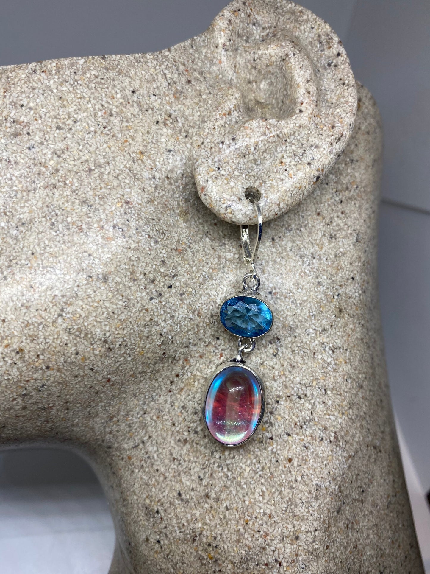 Antique Vintage Blue Pink Opal Glass and Blue Topaz Silver Dangle Earrings