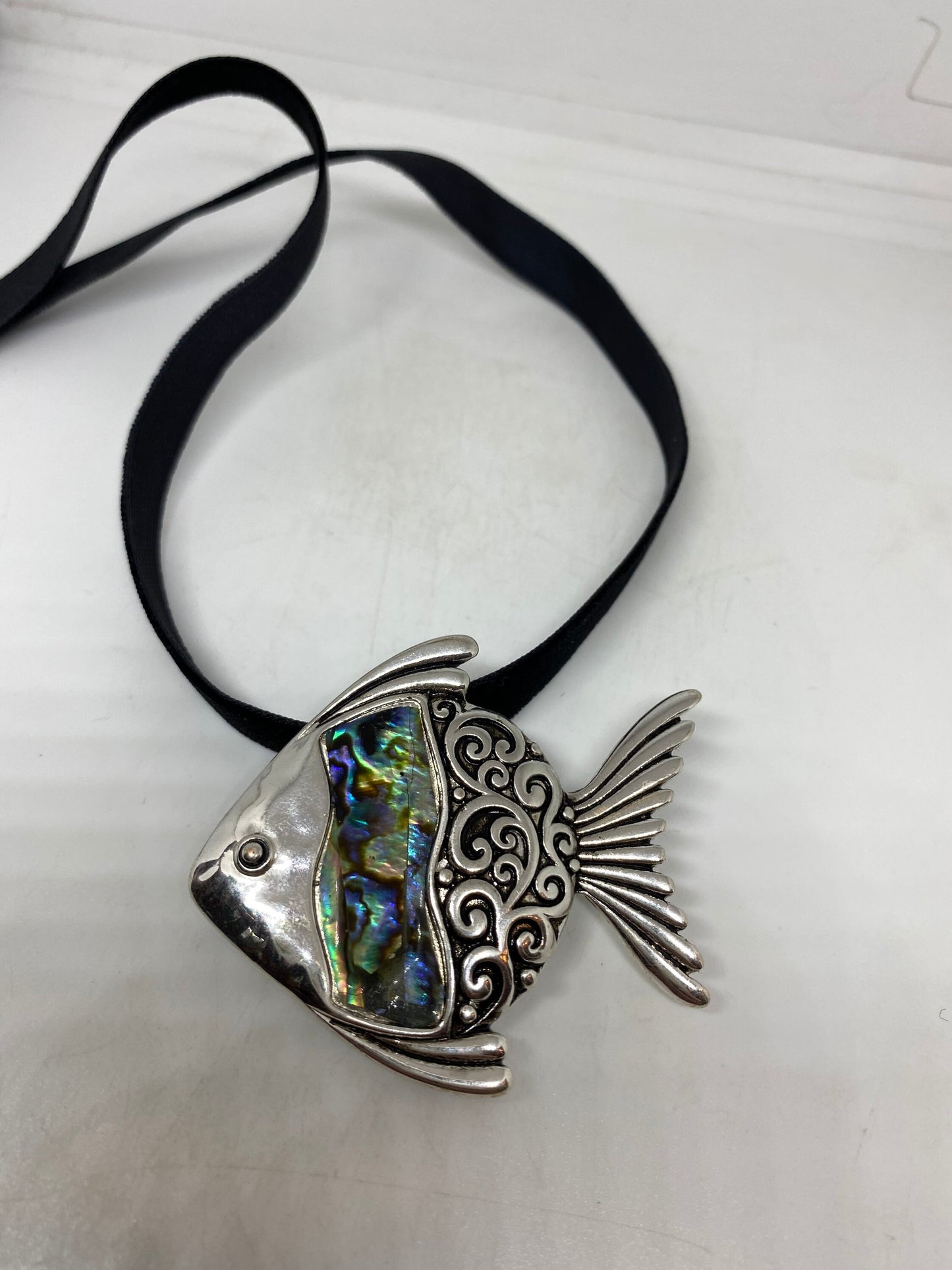 Blue Handmade Gothic Styled Silver Finished Genuine Abalone Angel Fish Choker Necklace