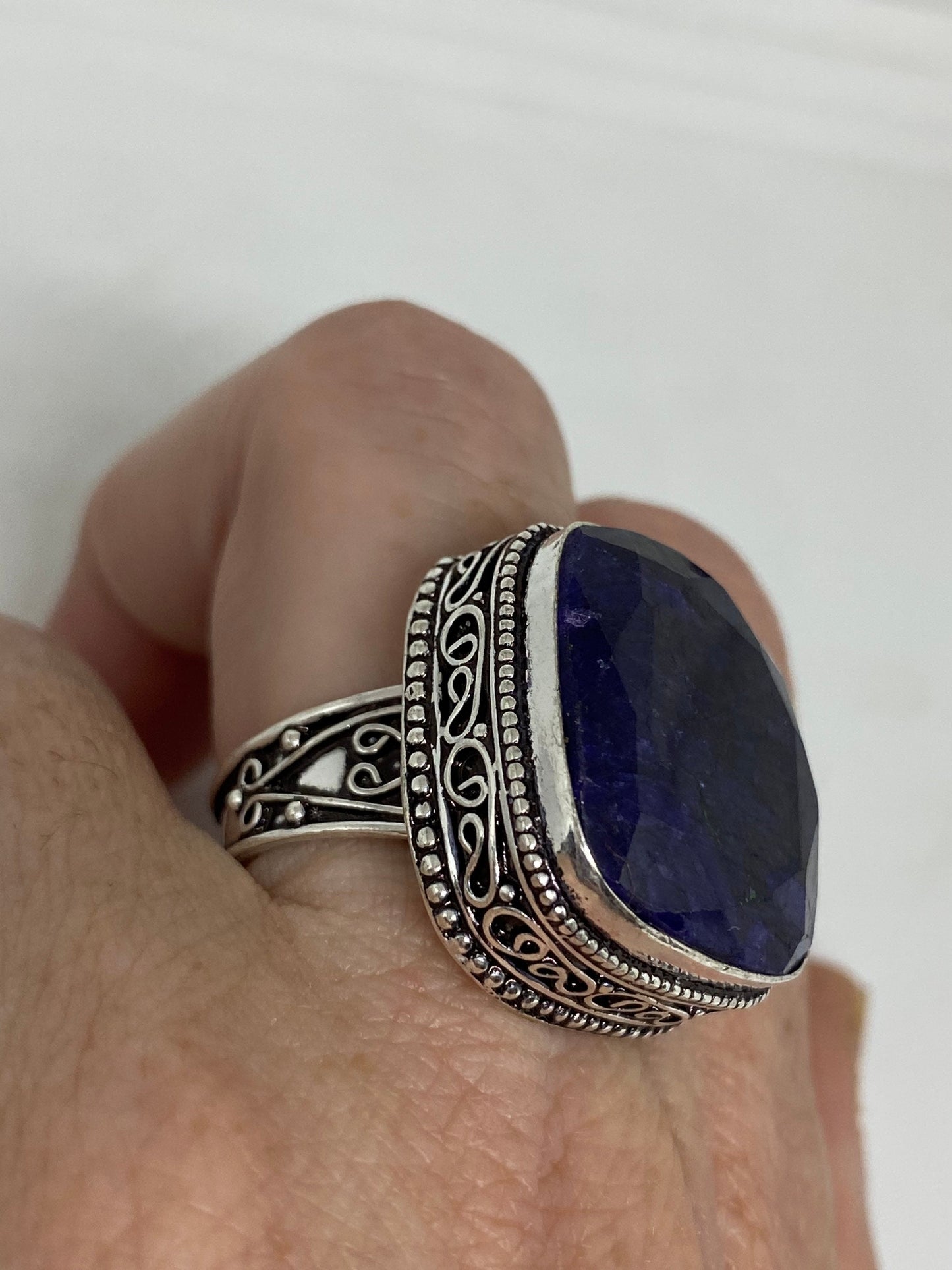 Vintage Deep Blue Sapphire White Bronze Silver Cocktail Ring