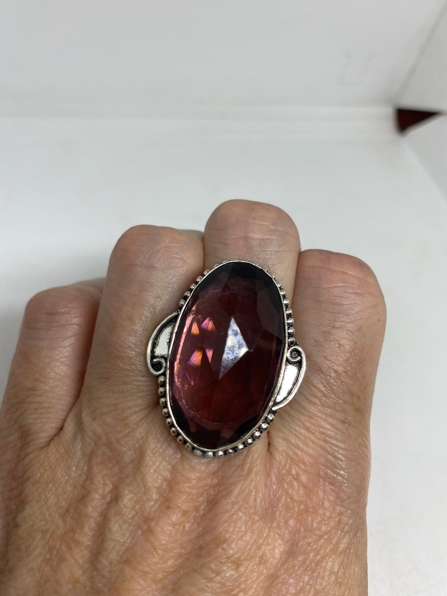 Vintage Art Glass Ring, Ornate German Silver, Size 7.75