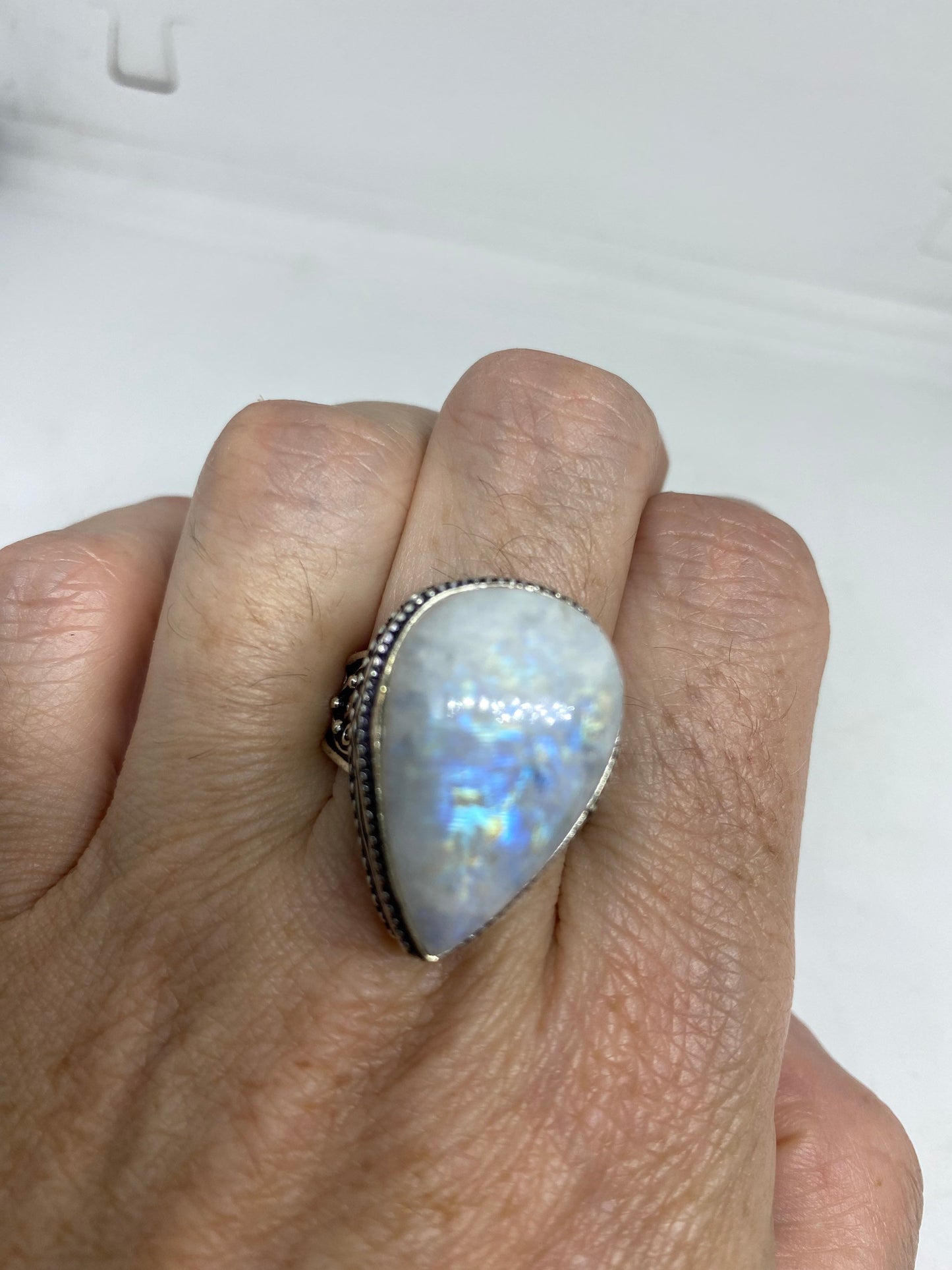 Vintage Genuine Blue White Rainbow Moonstone Ring