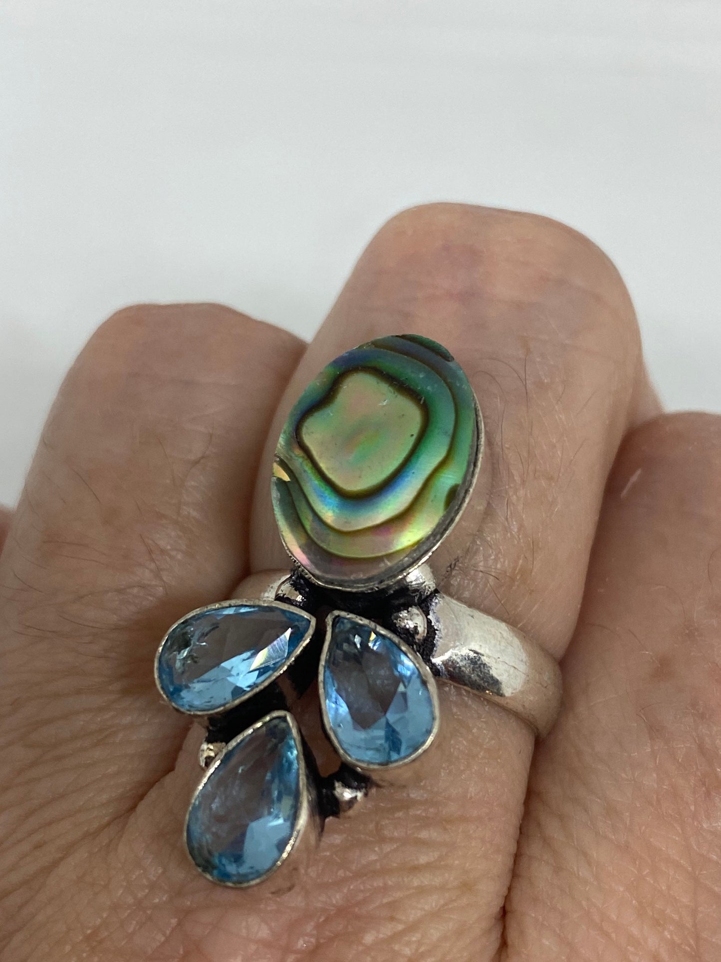 Antique Green Abalone Blue Topaz White Bronze Silver Ring